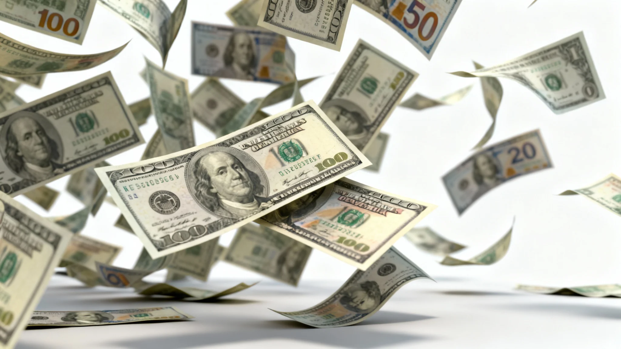 A vibrant animation still of United States dollar bills fluttering down against a clean white background, symbolizing wealth and success.