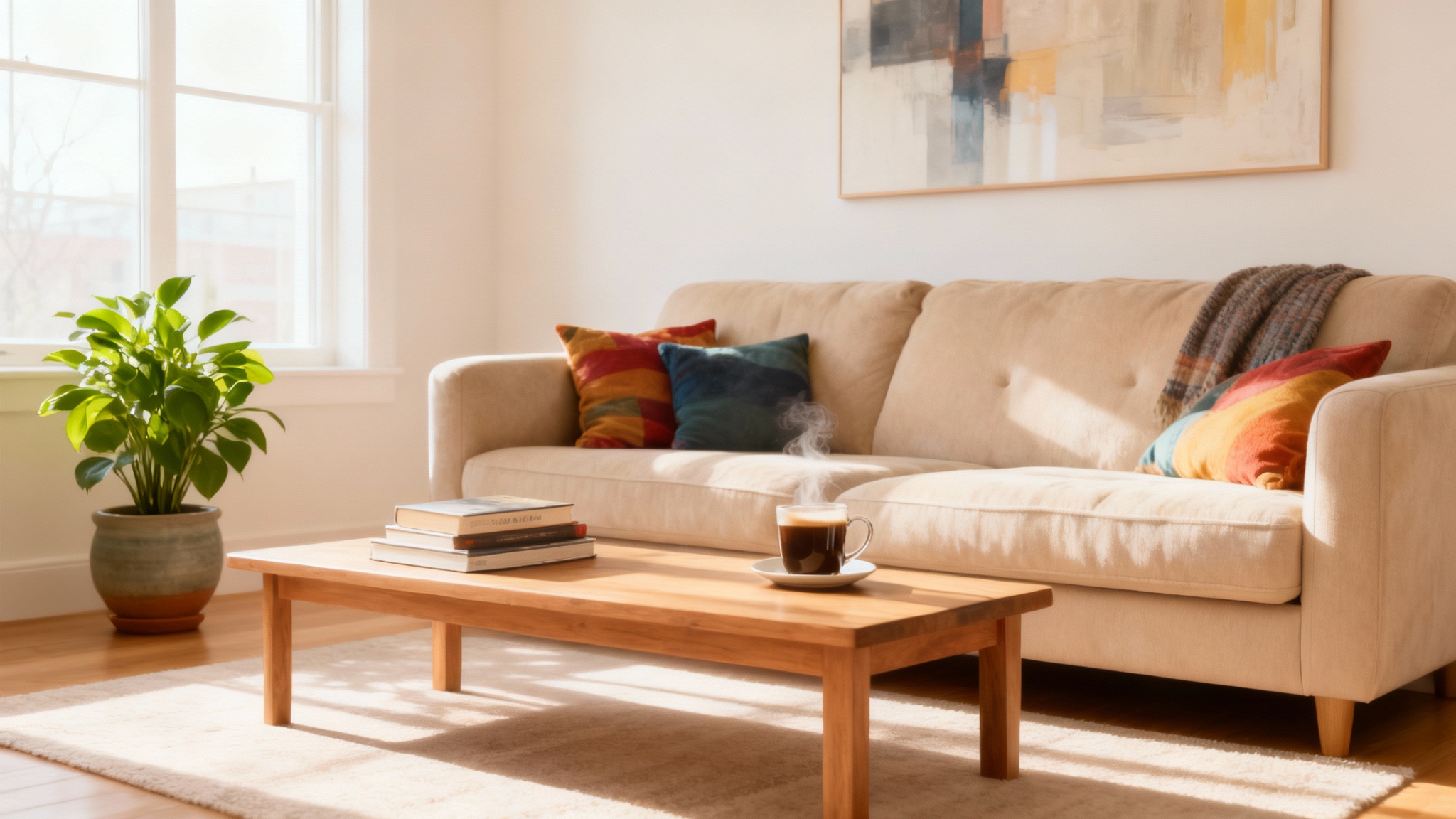 A photorealistic image of a beautifully staged, modern living room interior with a beige sofa and large window, designed for use as a high-quality virtual background.