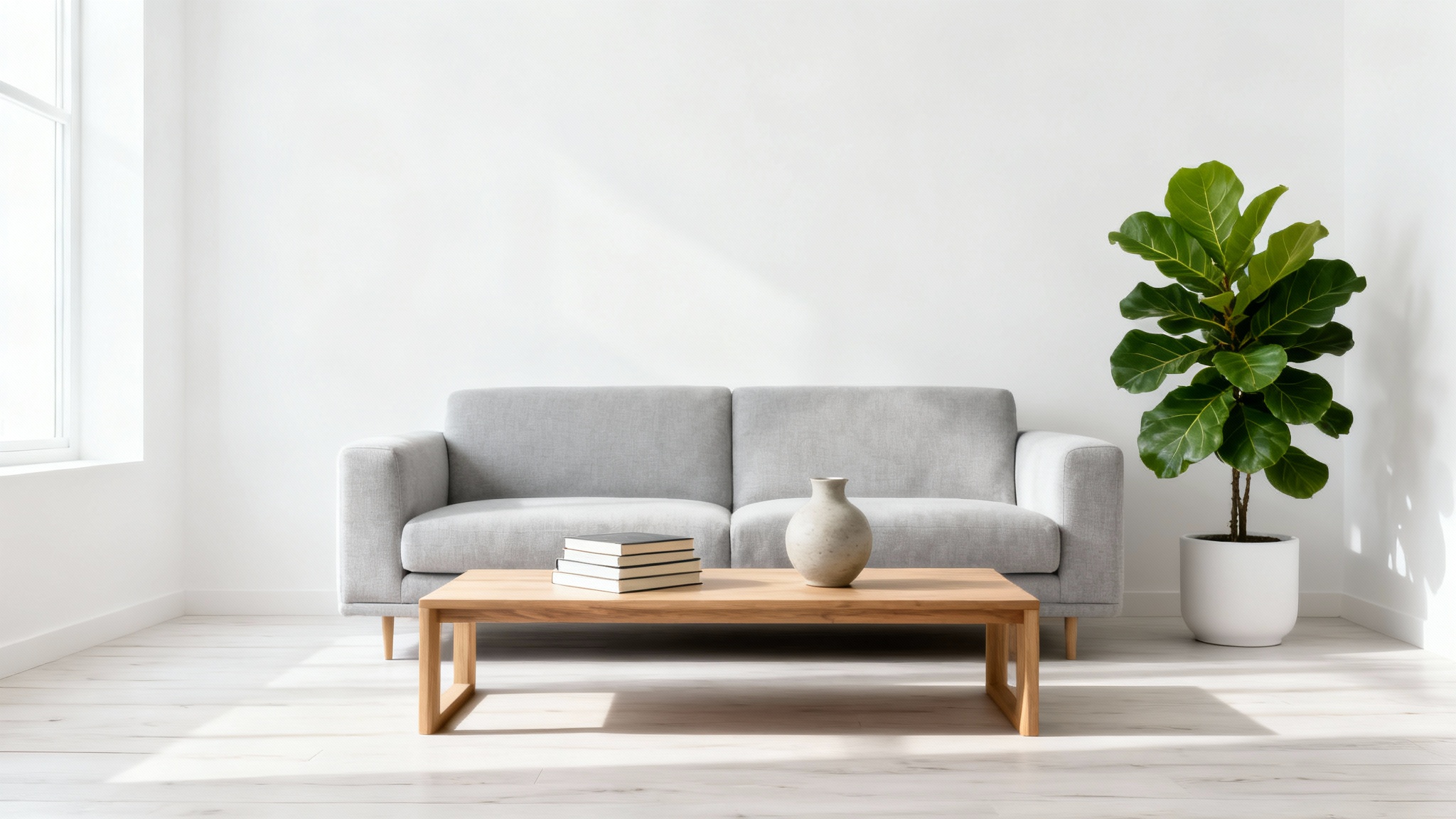 A photorealistic mockup of a modern, sunlit living room with minimalist furniture, serving as an example of a realistic room background.