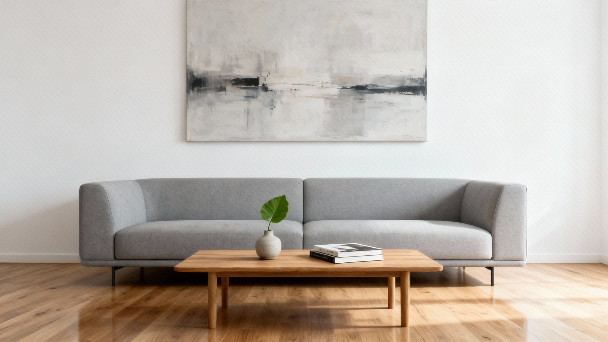 A photorealistic image of a modern, minimalist living room with a gray sofa, coffee table, and abstract art, serving as a clean and professional virtual background.