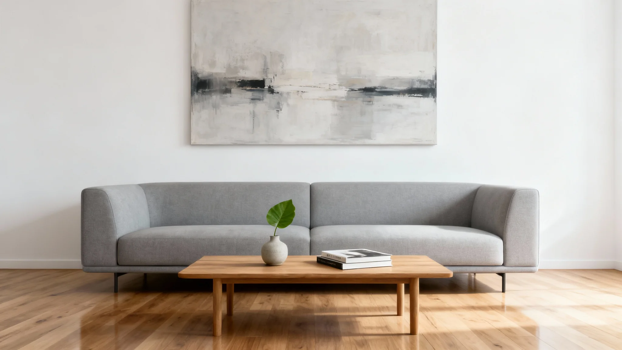 A photorealistic image of a modern, minimalist living room with a gray sofa, coffee table, and abstract art, serving as a clean and professional virtual background.