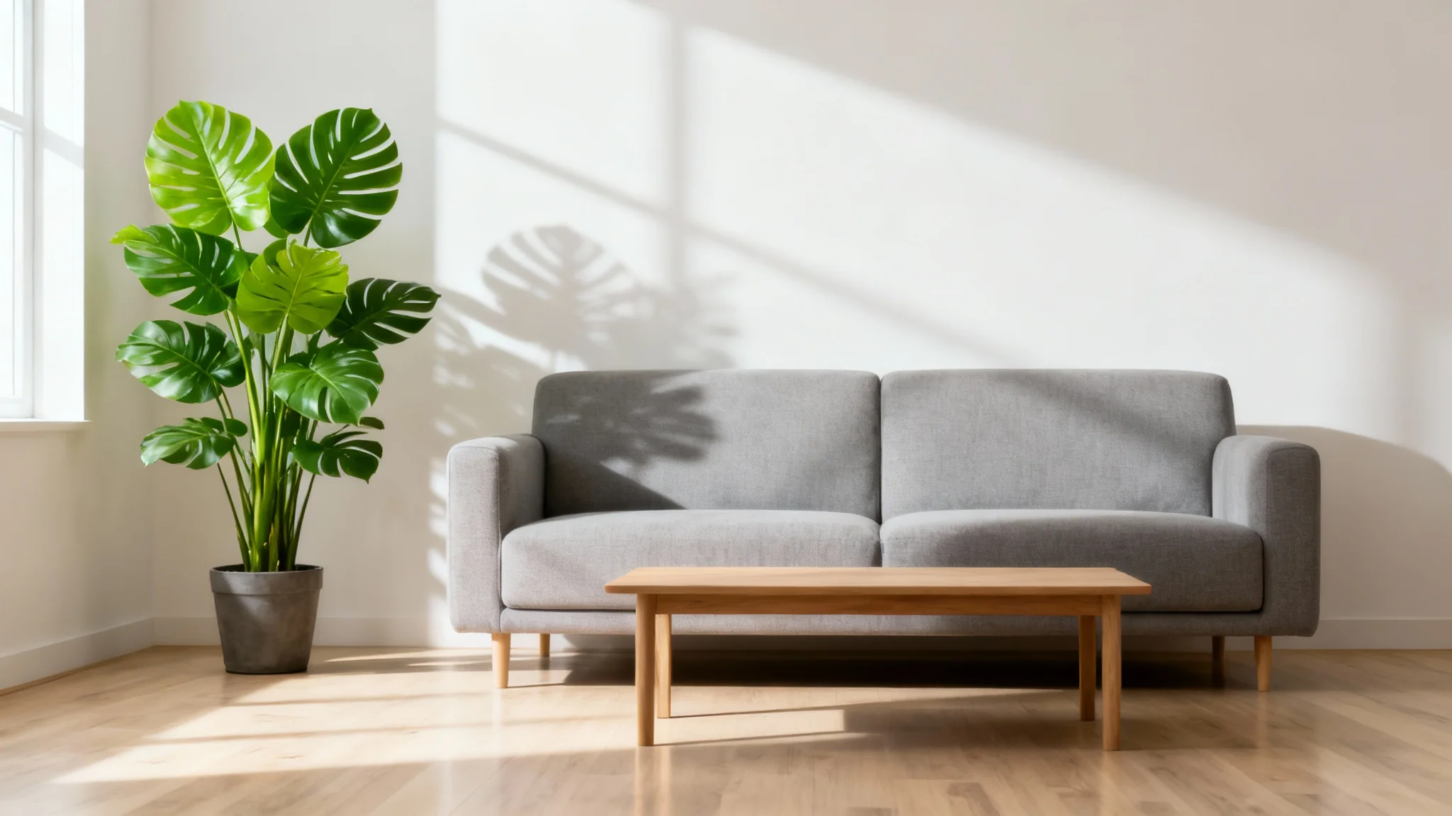 A photorealistic image of a bright and modern minimalist living room with a gray sofa, a large window, and a potted plant, designed to be used as a clean and professional virtual background.