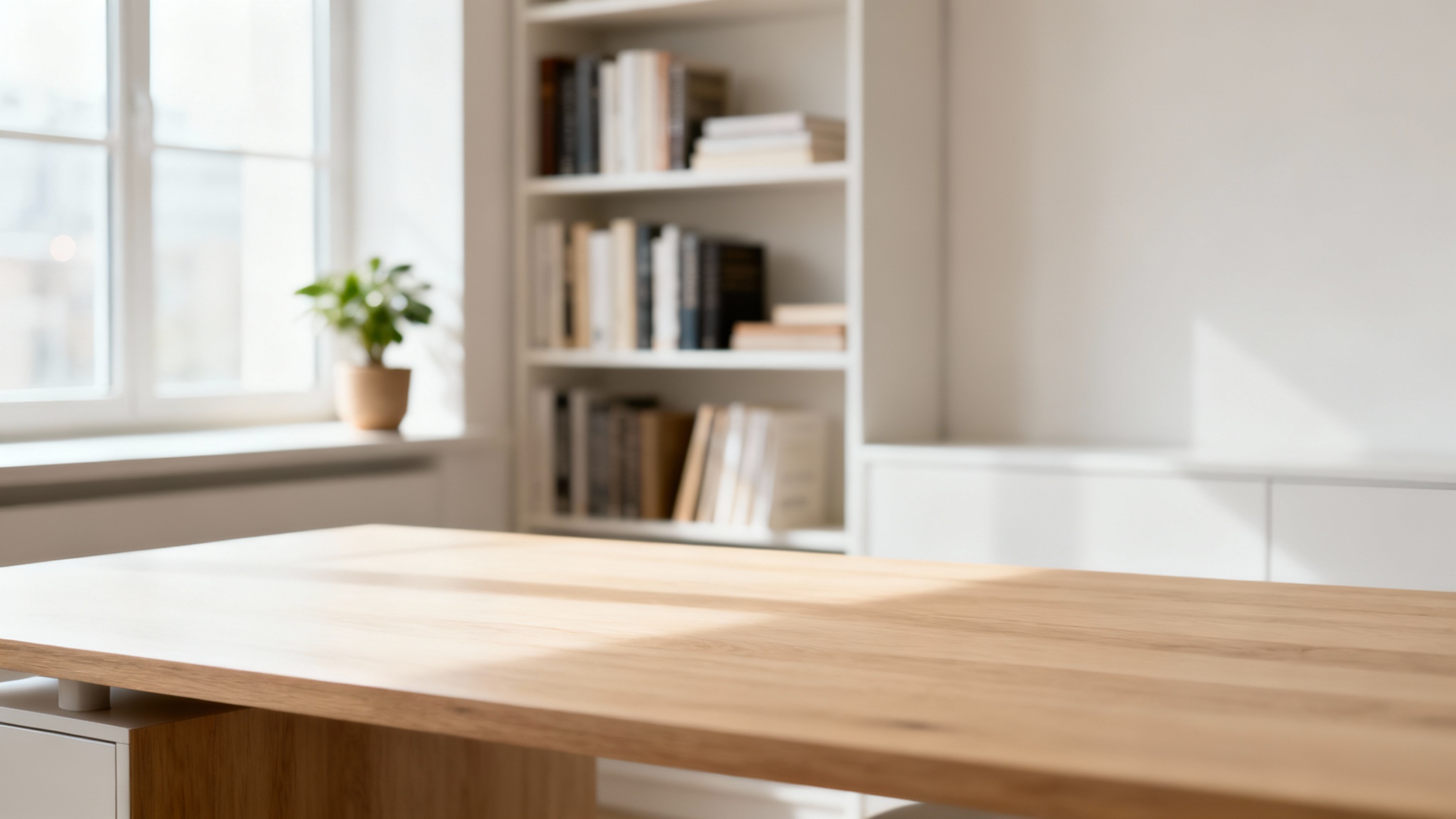 A photorealistic image of a modern, sunlit home office, suitable for a virtual background, featuring a clean wooden desk and a softly blurred bookshelf.