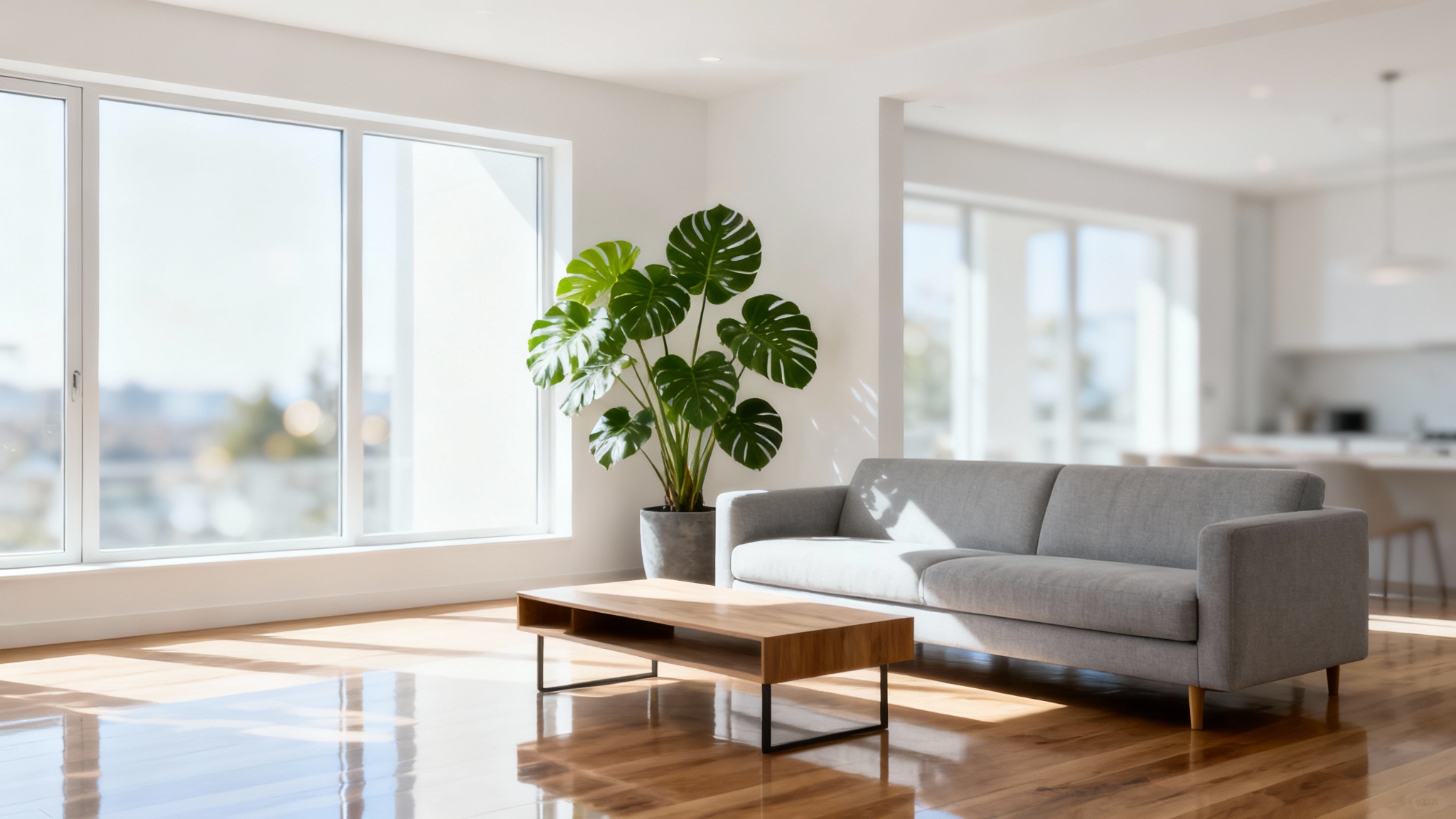 A photorealistic image of a modern, sunlit living room with minimalist furniture, a large houseplant, and a clean, bright aesthetic, designed to be used as a background.