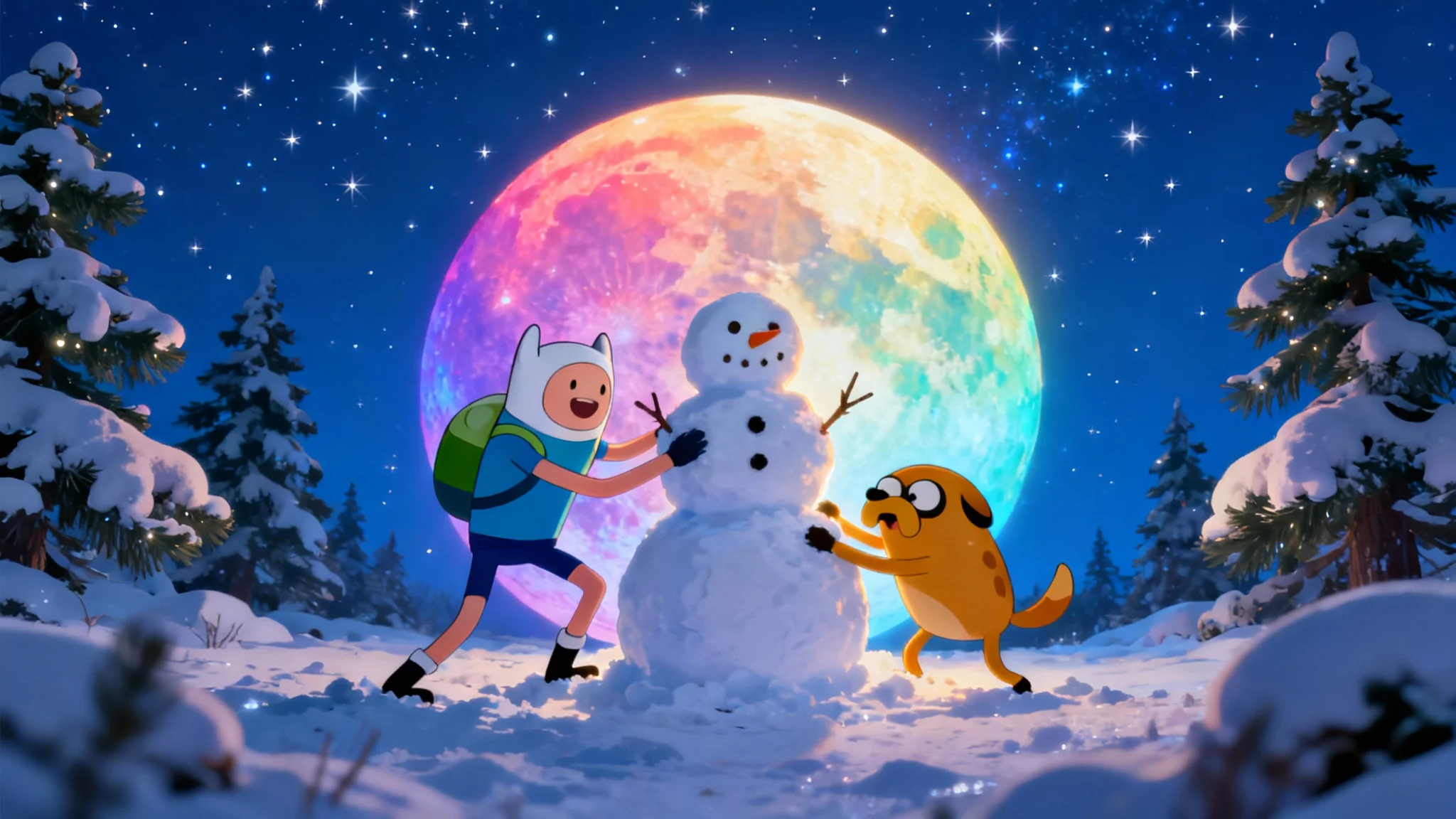 A vibrant 16:9 desktop wallpaper showing Finn and Jake from Adventure Time building a snowman in a magical, snowy forest at night under a large colorful moon.