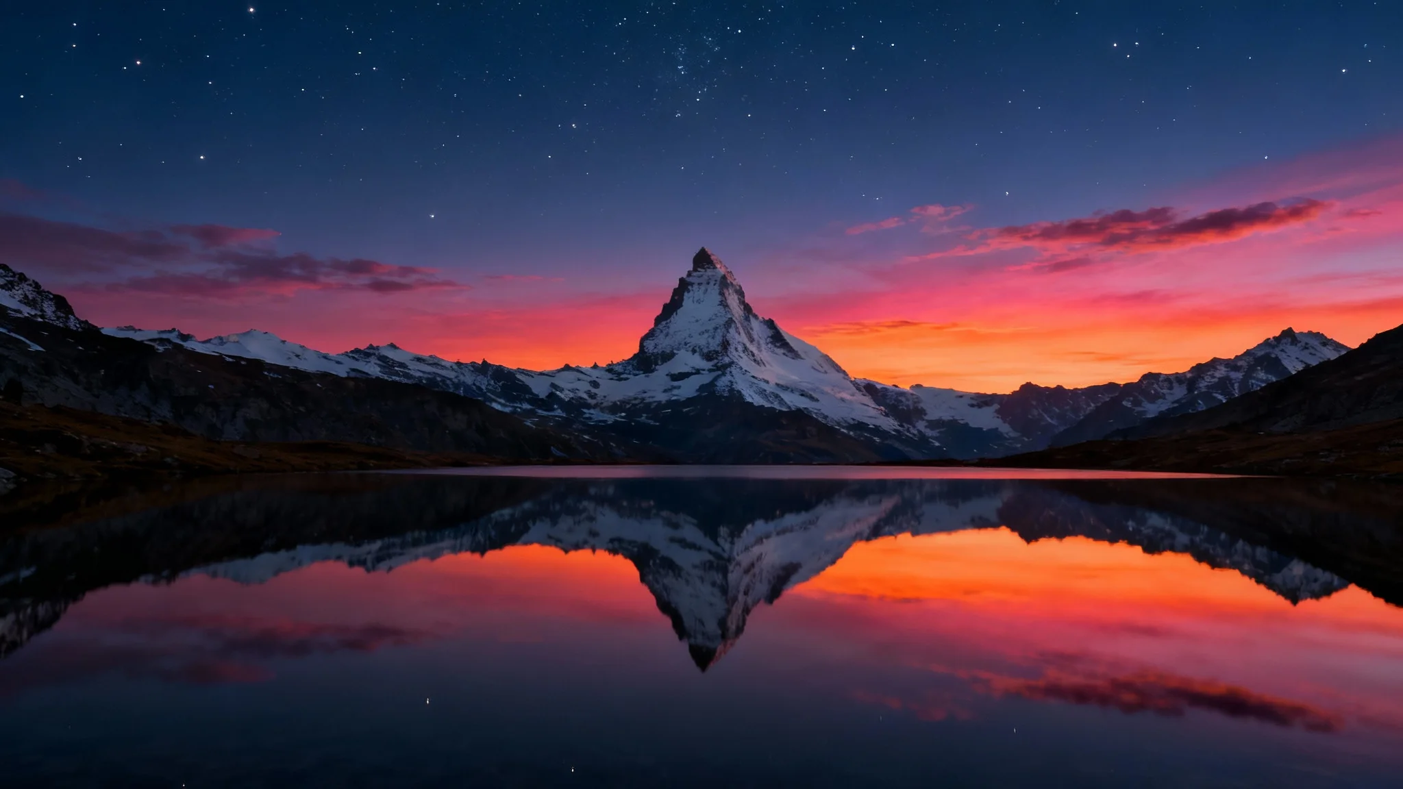 A high-resolution 16:9 desktop wallpaper showing a photorealistic mountain range at dusk, with the colorful sky and snowy peaks reflected perfectly in a still alpine lake.