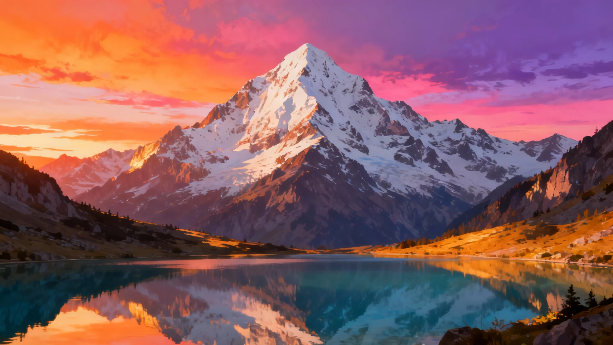 A vibrant digital illustration of a mountain range at sunset, used as a desktop wallpaper. A calm lake in the foreground reflects the snow-capped peaks and the colorful orange and purple sky.