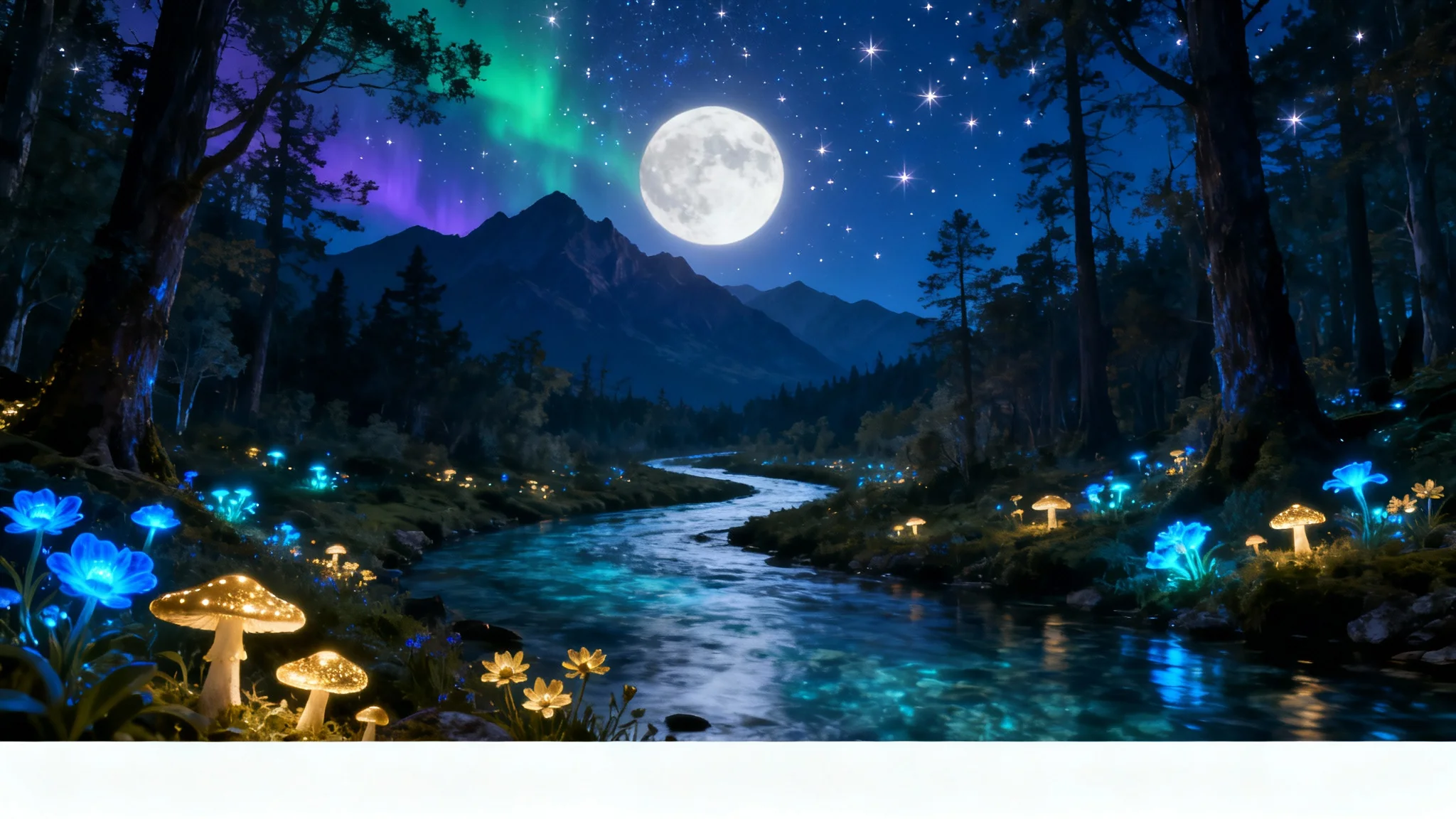 A beautiful desktop wallpaper showing a magical forest at night, with a glowing river, bioluminescent plants, and a starry sky with a large moon.
