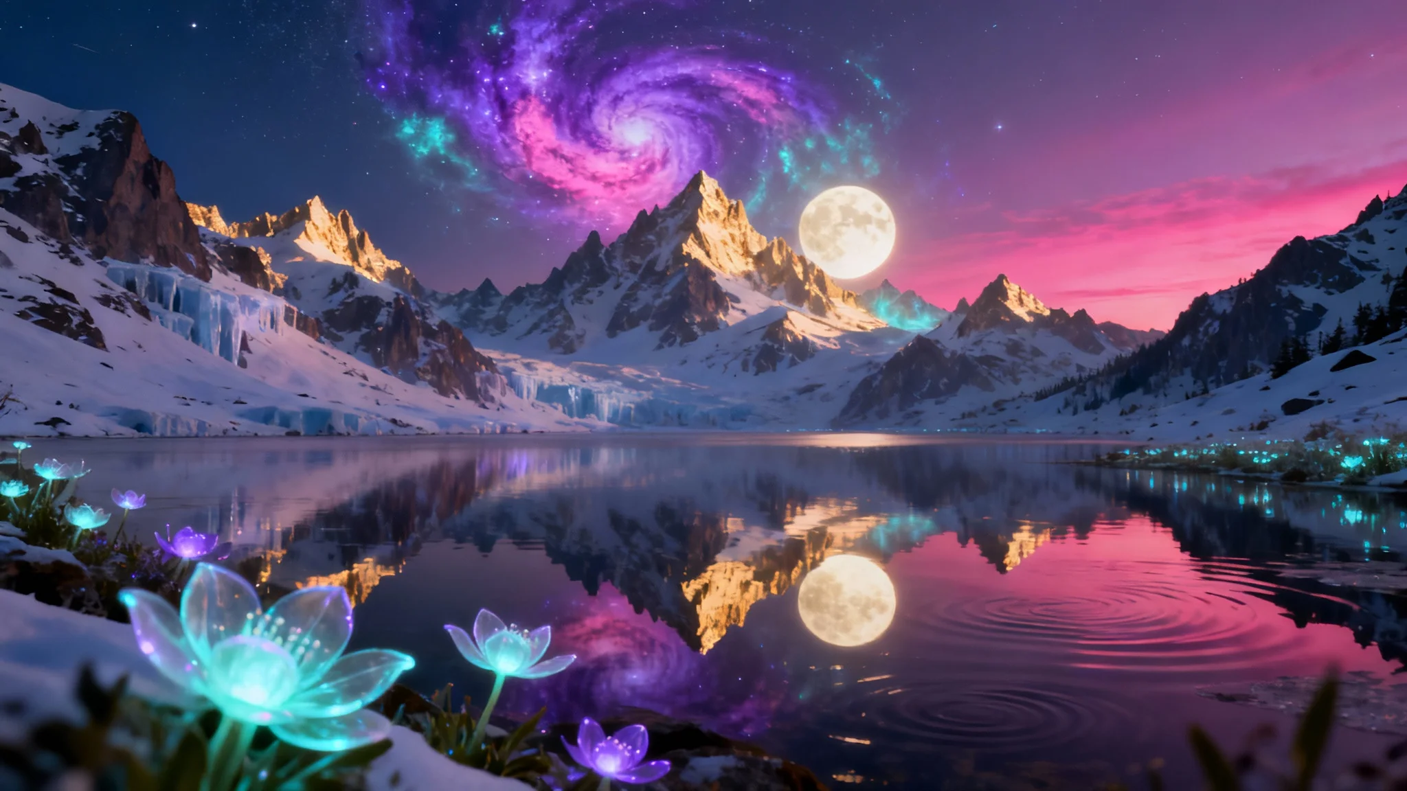 A breathtaking 16:9 fantasy landscape desktop wallpaper showing a calm lake reflecting a vibrant nebula and two moons, with majestic mountains in the background.