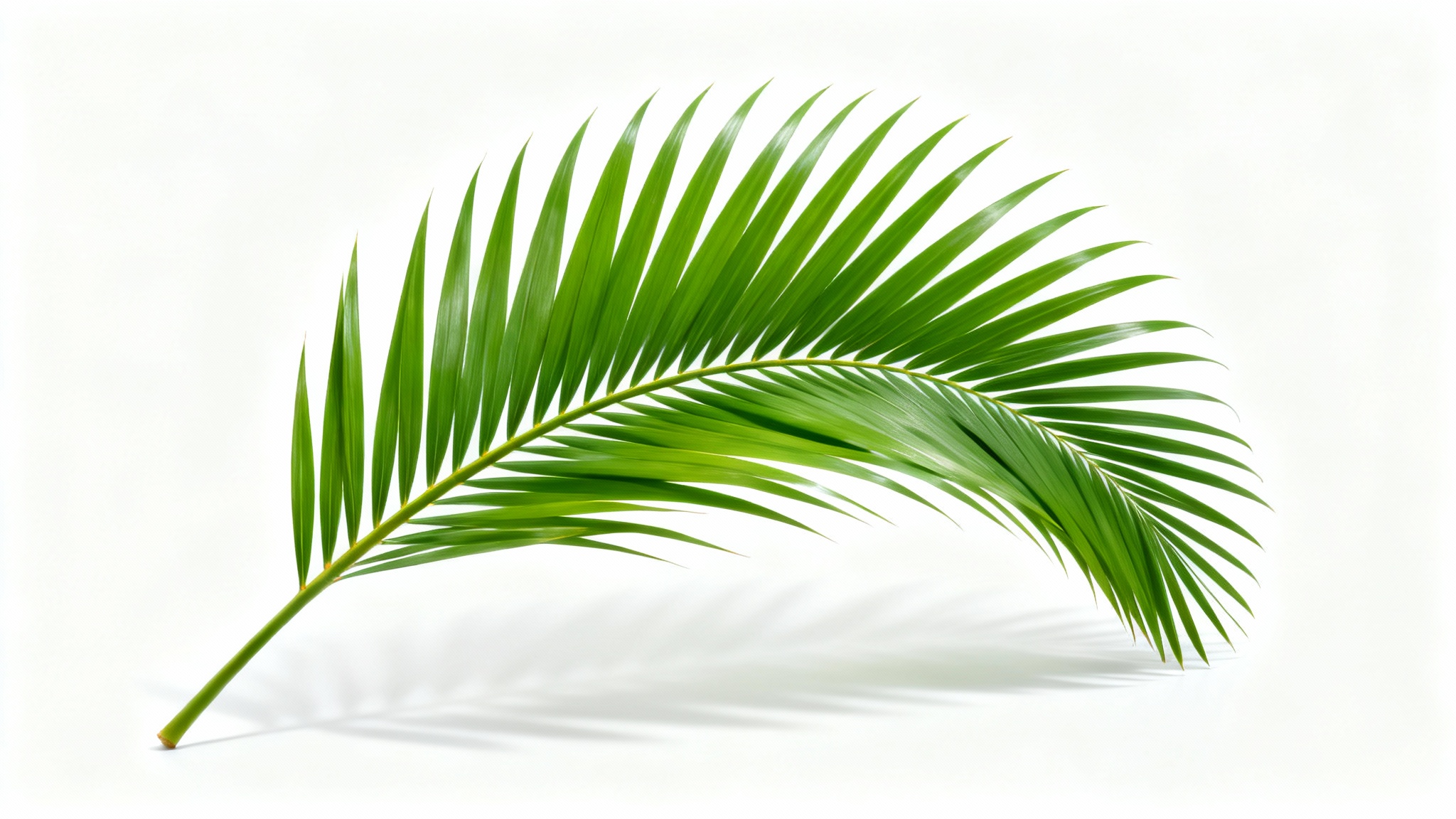 A high-quality, photorealistic image of a single green palm leaf, isolated on a clean white background, representing a downloadable PNG asset.