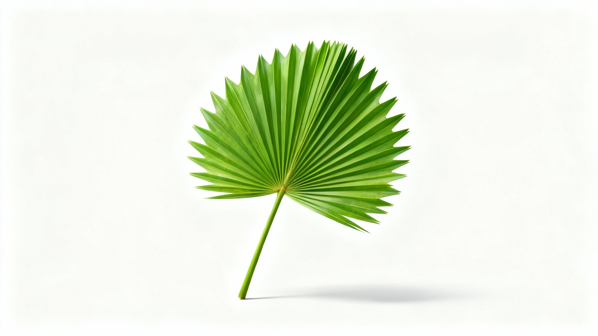 A high-resolution image of a single, bright green fan palm leaf isolated against a stark white background, showcasing its detailed texture and shape.