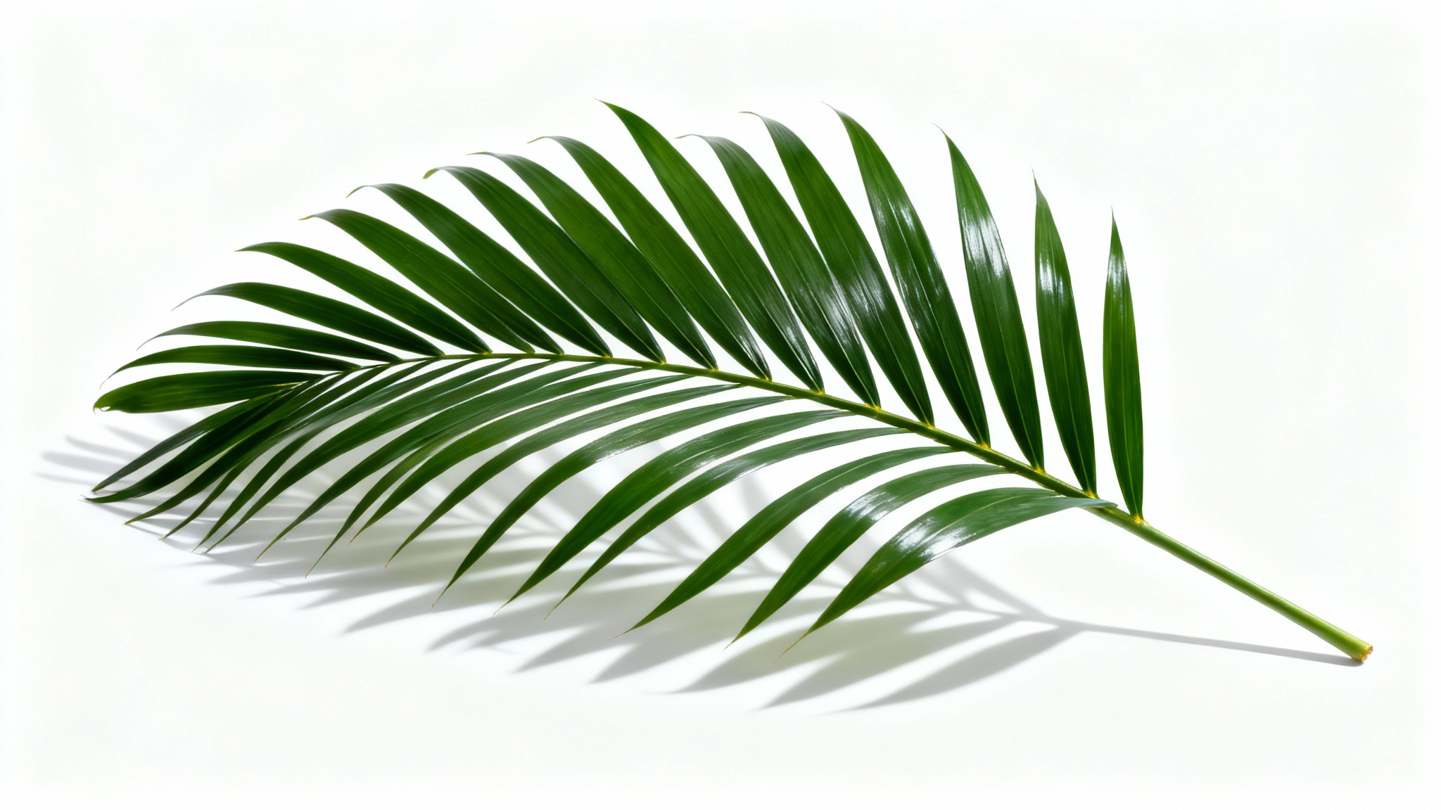 A single, vibrant green Kentia palm leaf with detailed fronds, displayed against a clean white background, casting a soft shadow.