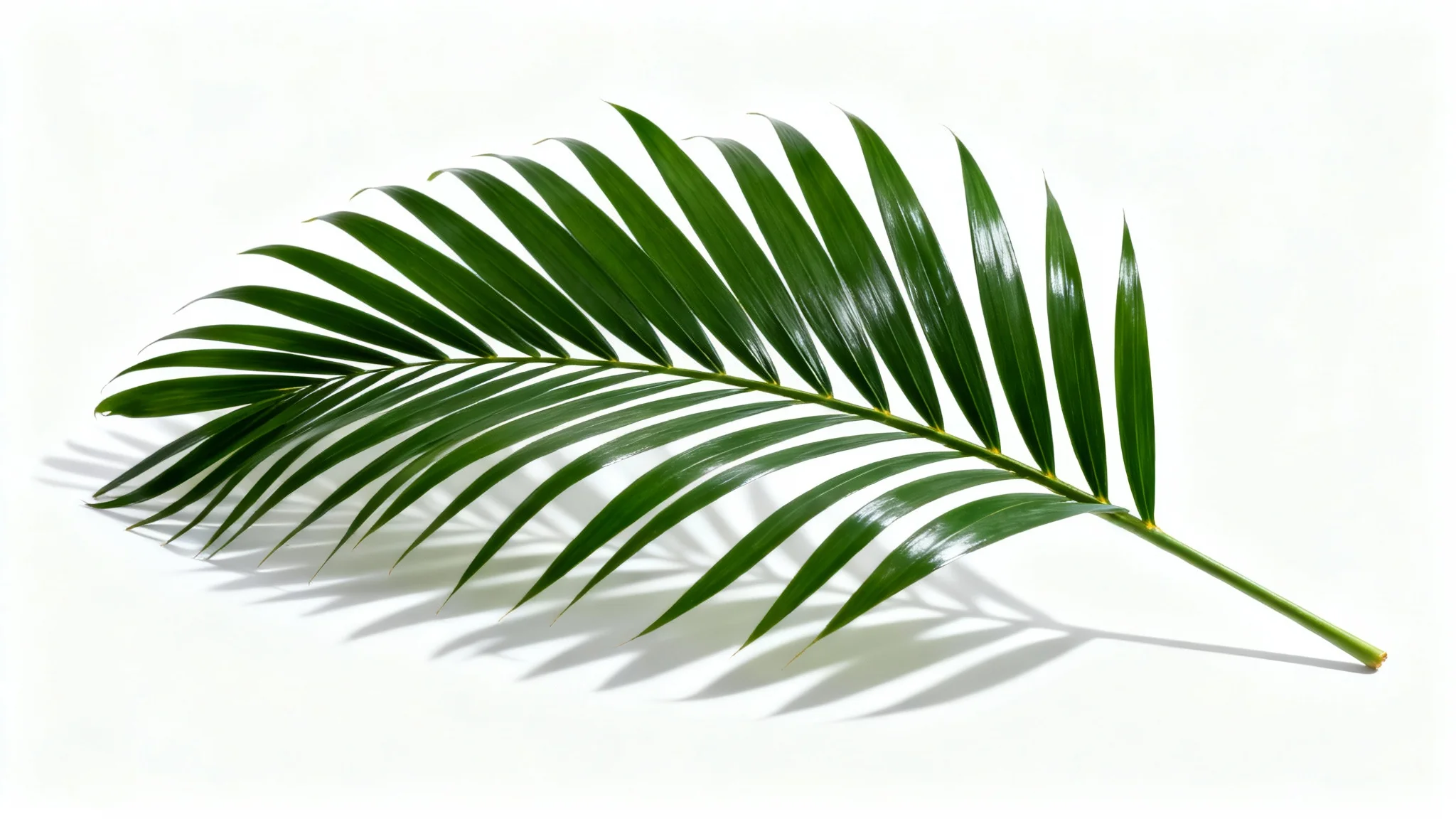 A single, vibrant green Kentia palm leaf with detailed fronds, displayed against a clean white background, casting a soft shadow.