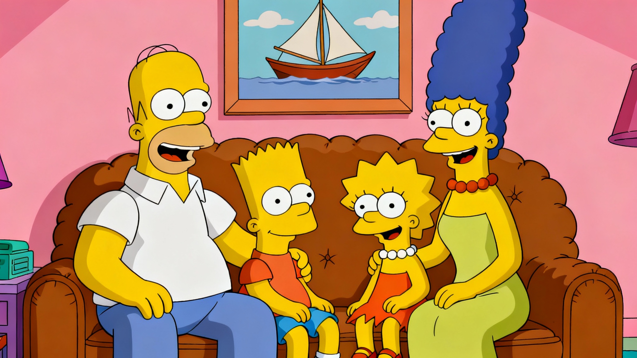 A family portrait of a diverse family of four, drawn in the iconic yellow-skinned cartoon style of The Simpsons, posing happily on the famous brown couch in their living room.