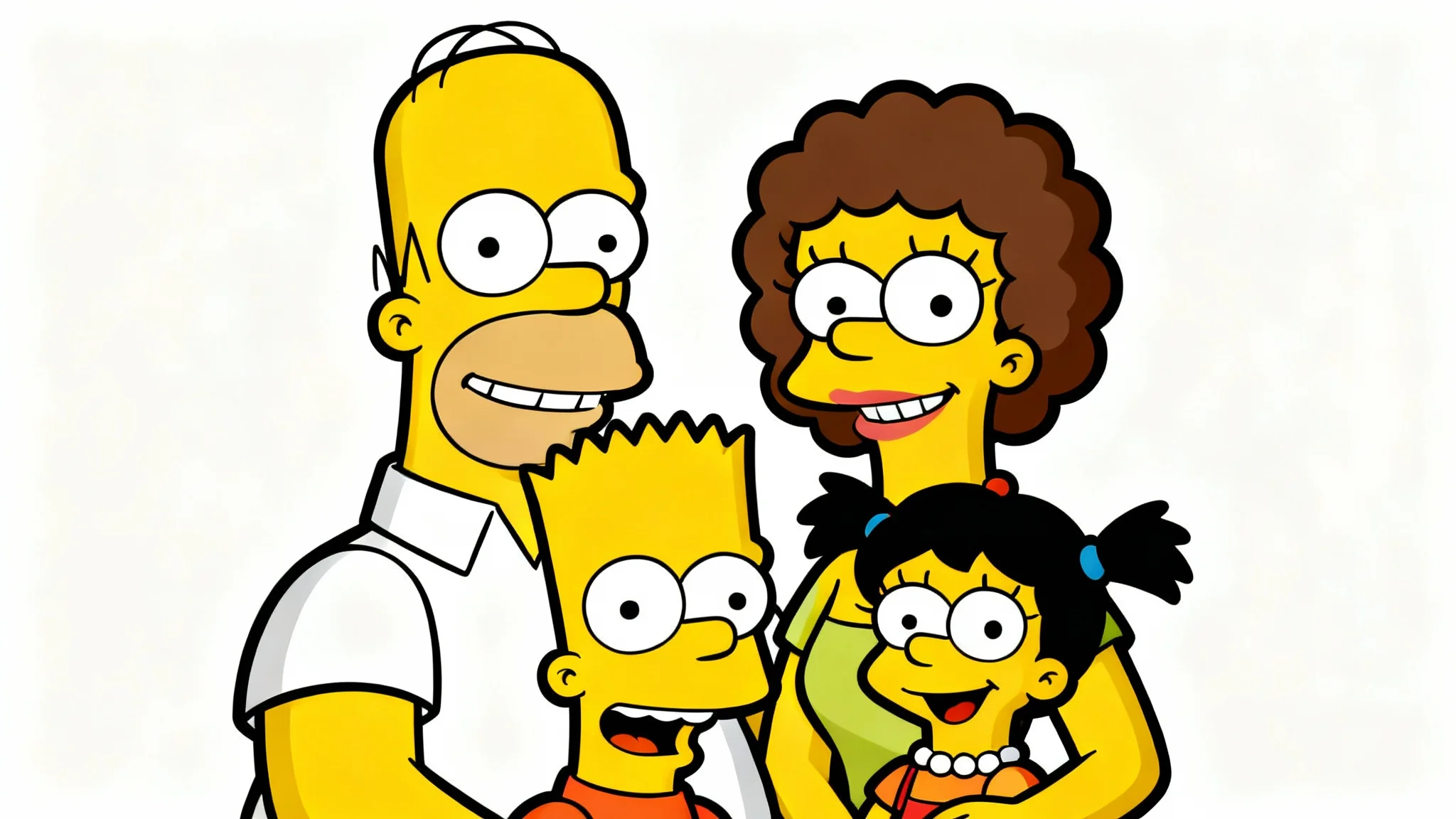 A family of four drawn in the cartoon style of The Simpsons, with yellow skin and large eyes, posing happily against a white background.