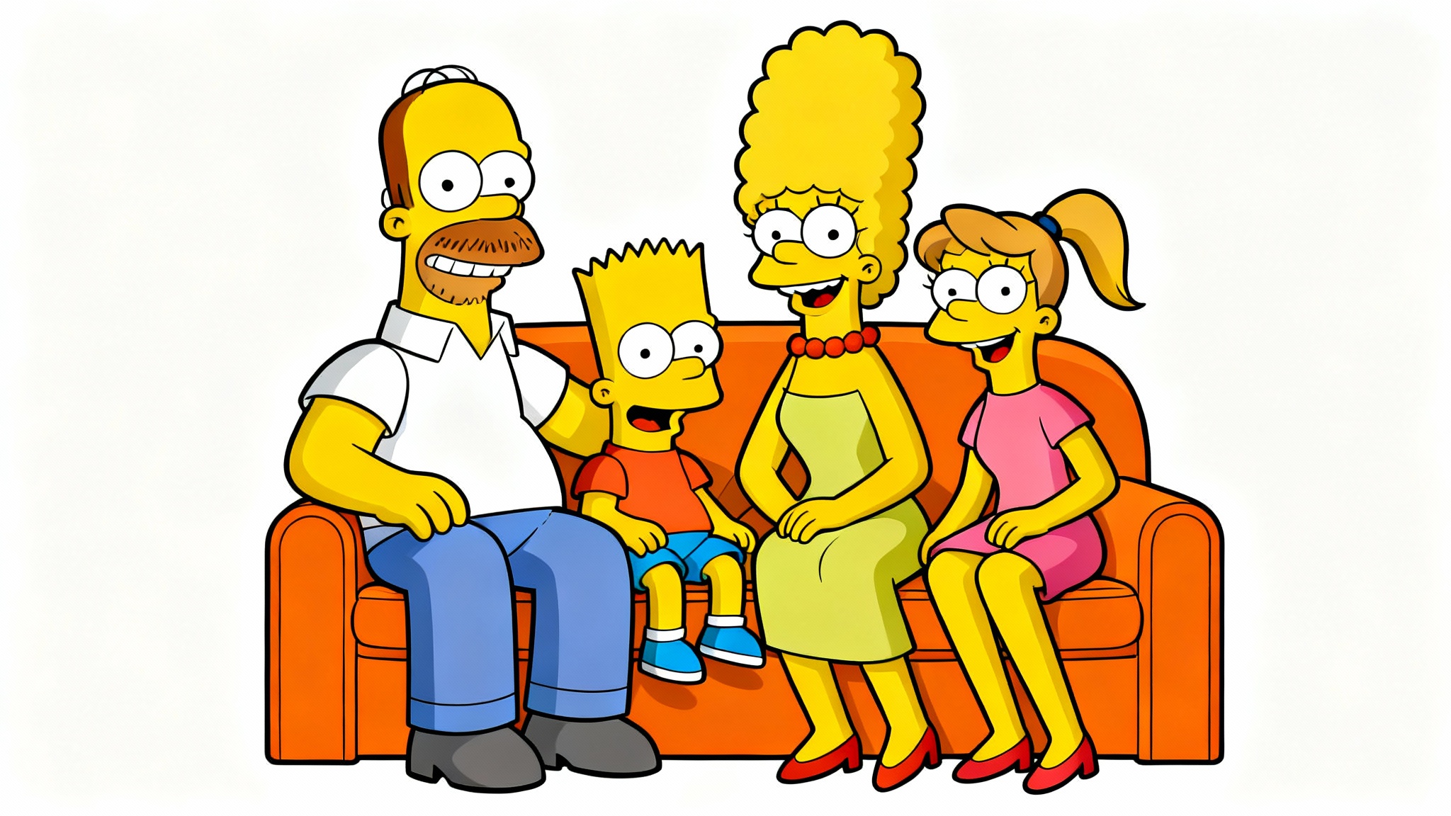 A family of four drawn in the Simpsons cartoon style, sitting on the iconic orange couch against a white background, posing for a family portrait.