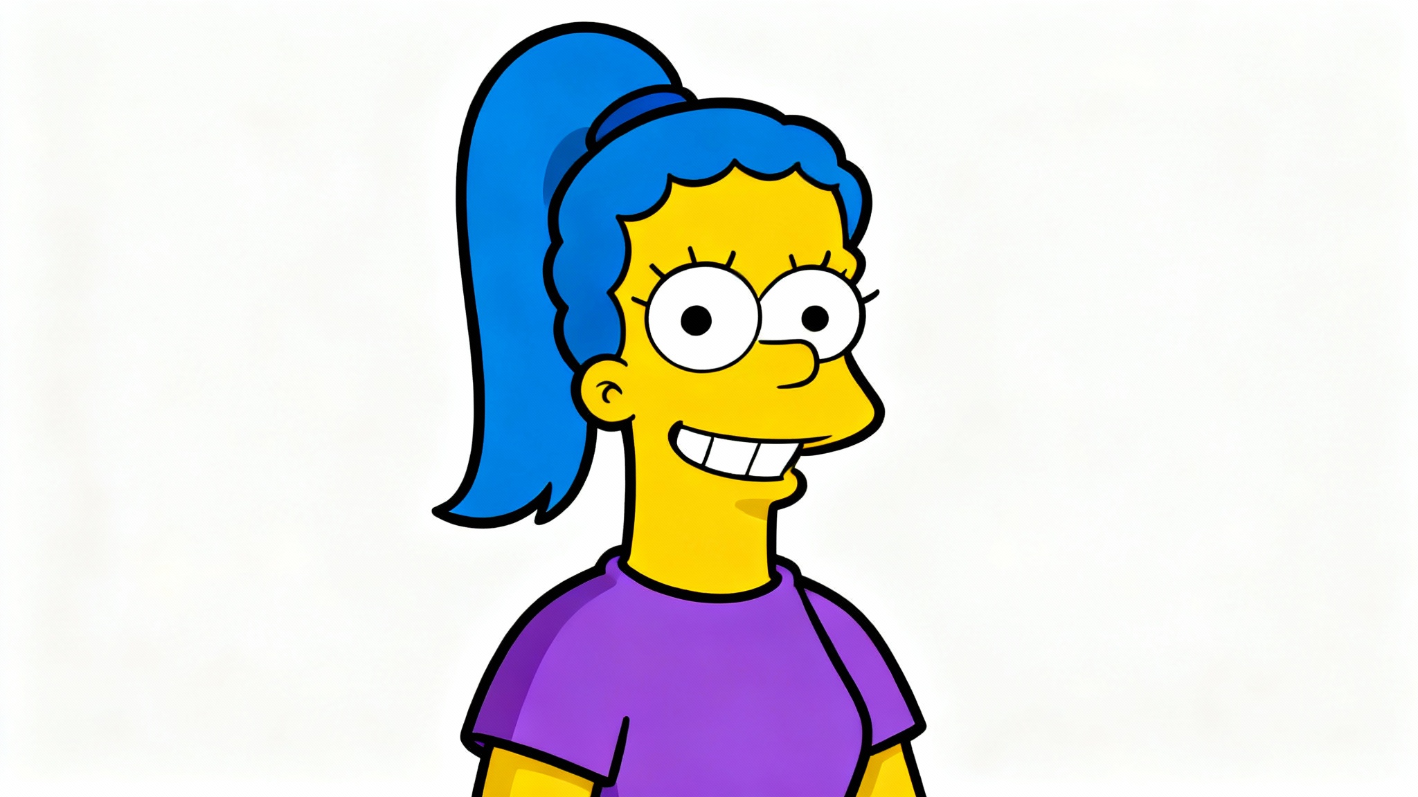 A cartoon portrait of a woman with blue hair, created in the iconic yellow-skinned, large-eyed art style of The Simpsons, set against a plain white background.