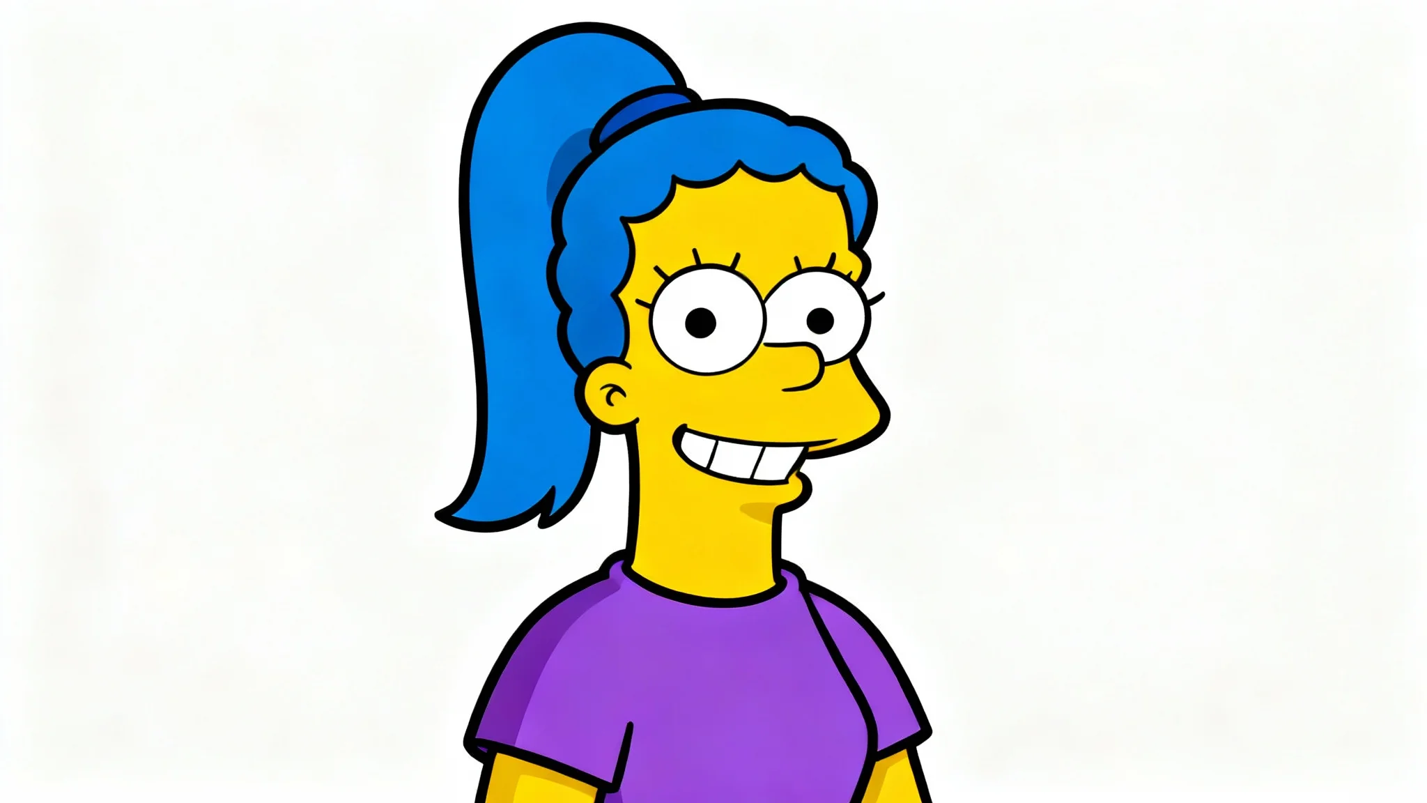 A cartoon portrait of a woman with blue hair, created in the iconic yellow-skinned, large-eyed art style of The Simpsons, set against a plain white background.