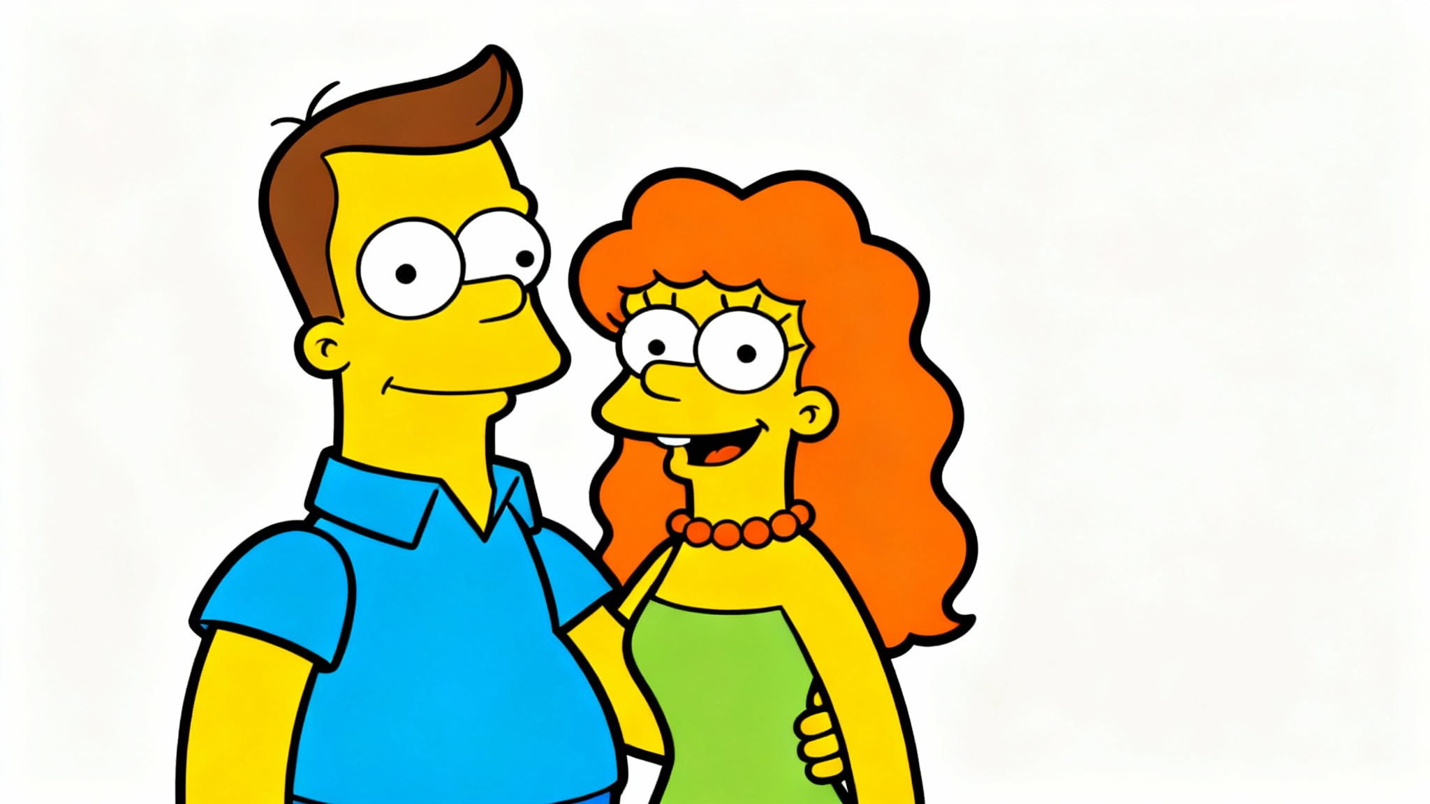 A digital illustration of a man and a woman drawn in the cartoon style of The Simpsons, standing together against a white background.