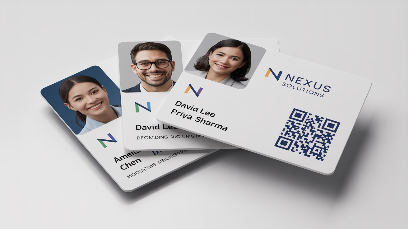 Three perfectly aligned, professional corporate ID cards for the fictional company 'Nexus Solutions', fanned out on a clean white background to showcase a modern design.