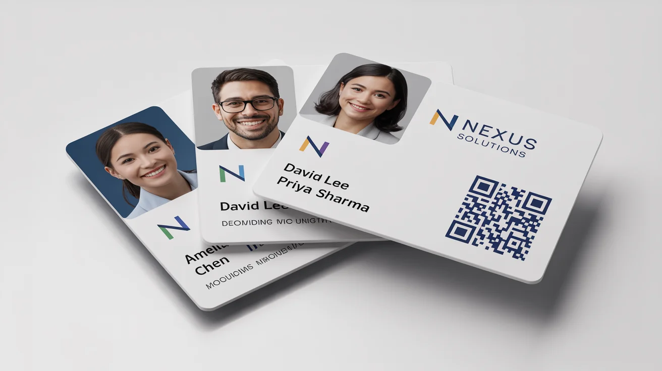 Three perfectly aligned, professional corporate ID cards for the fictional company 'Nexus Solutions', fanned out on a clean white background to showcase a modern design.