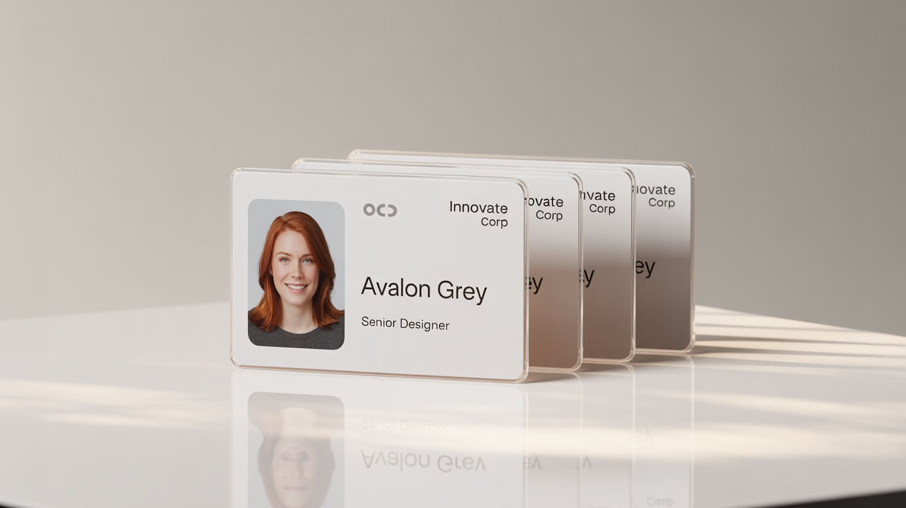 A mockup of three corporate ID cards for 'Innovate Corp' featuring the name 'Avalon Grey', arranged in a perfectly straight, overlapping line on a white background to showcase alignment.