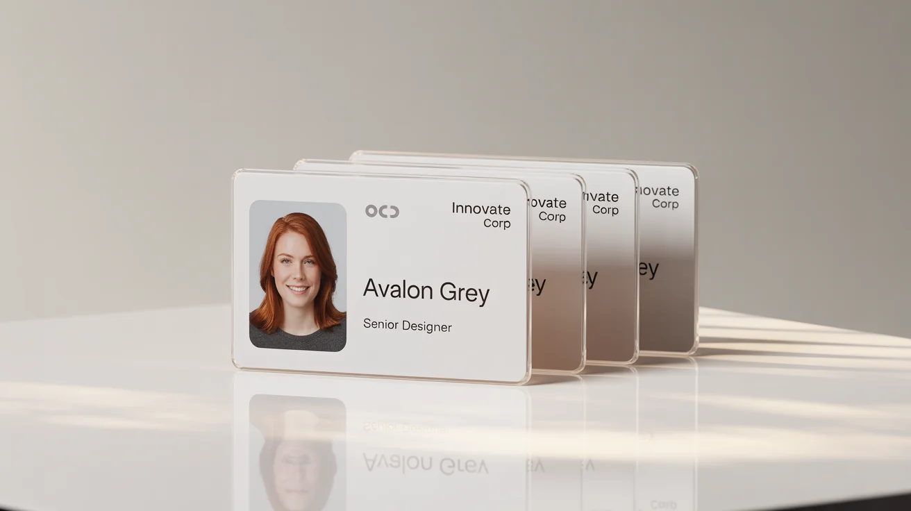 A mockup of three corporate ID cards for 'Innovate Corp' featuring the name 'Avalon Grey', arranged in a perfectly straight, overlapping line on a white background to showcase alignment.