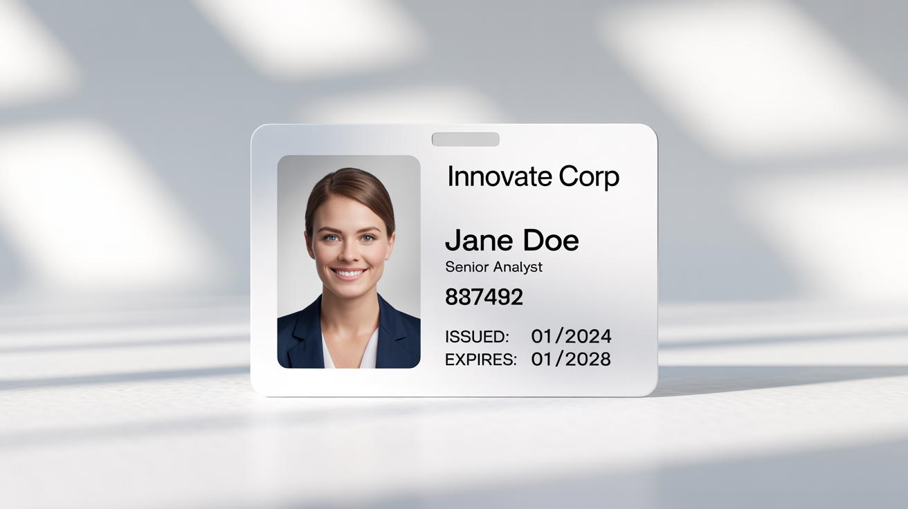 A mockup of a modern employee ID card for 'Innovate Corp', demonstrating perfect alignment of the photo and text elements against a clean white background.