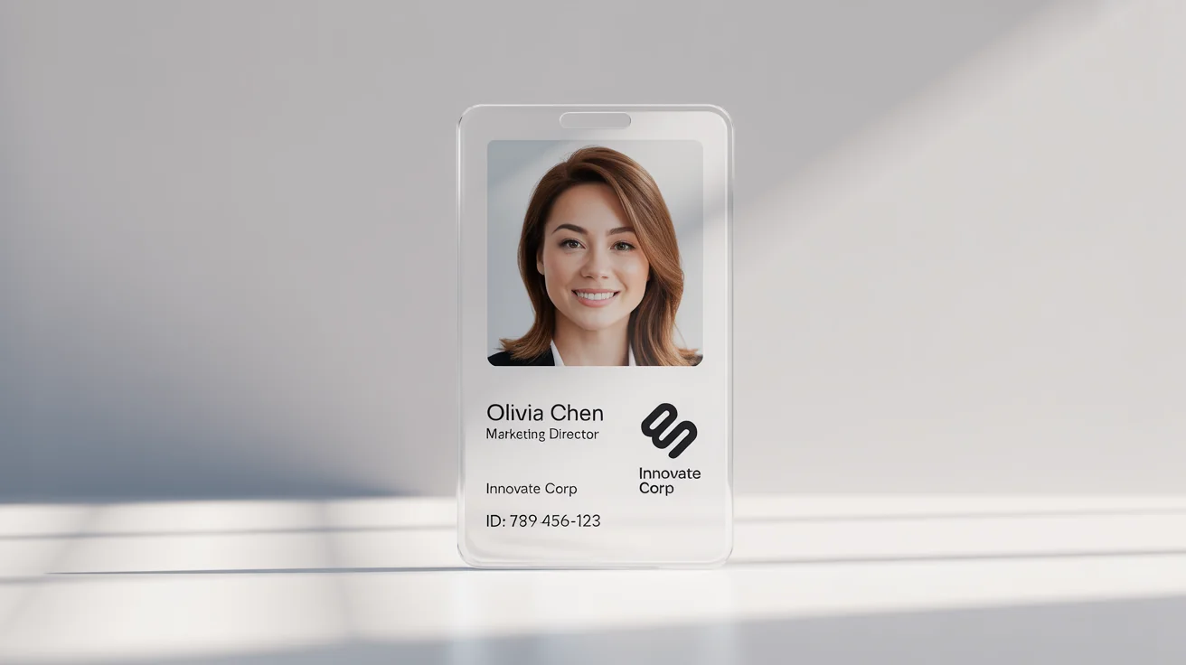 A professionally designed corporate ID card for 'Olivia Chen', Marketing Director at 'Innovate Corp', shown as a mockup to demonstrate perfect alignment of text and photo elements on a clean white background.