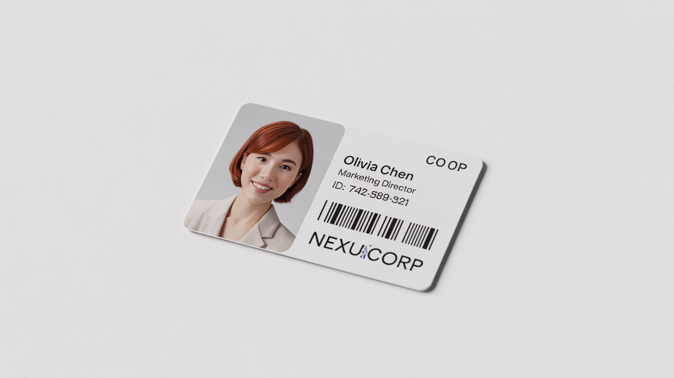 A professionally designed corporate ID card for 'Nexus Corp', demonstrating perfect alignment of the photo, name, title, and barcode on a clean white background.
