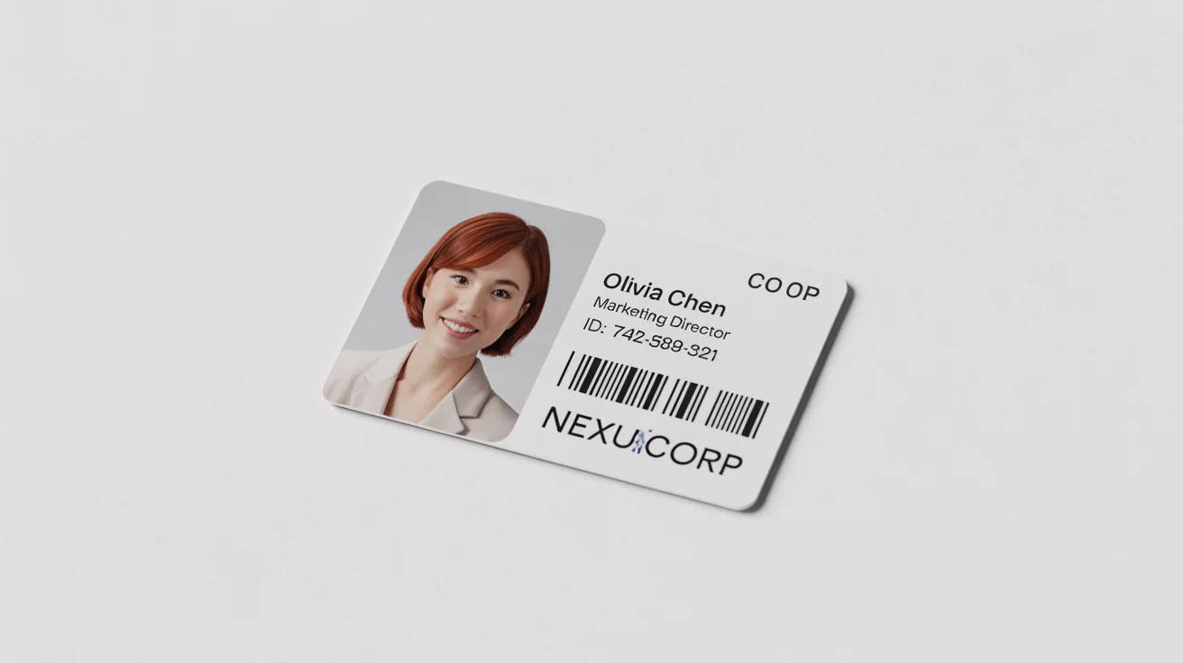 A professionally designed corporate ID card for 'Nexus Corp', demonstrating perfect alignment of the photo, name, title, and barcode on a clean white background.