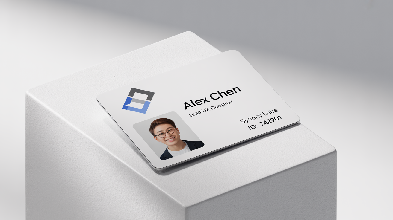 A professionally designed employee ID card for Synergy Labs, showcasing the perfect alignment of the photo, name, and title on a clean white background.