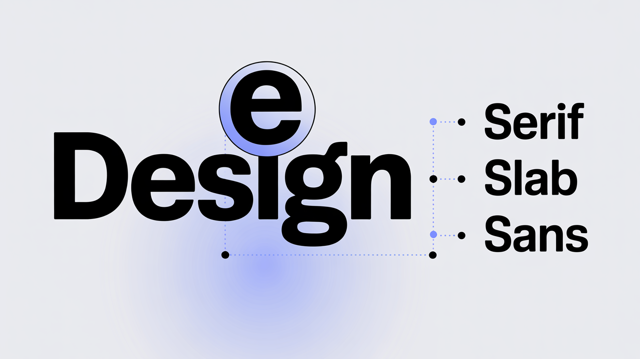 A conceptual graphic illustration of a typeface matcher. The word 'DESIGN' is shown in a large sans-serif font, with the letter 'E' magnified to show its characteristics. A list of font styles ('SERIF', 'SLAB', 'SANS') is displayed nearby, with a line indicating a match to 'SANS'.