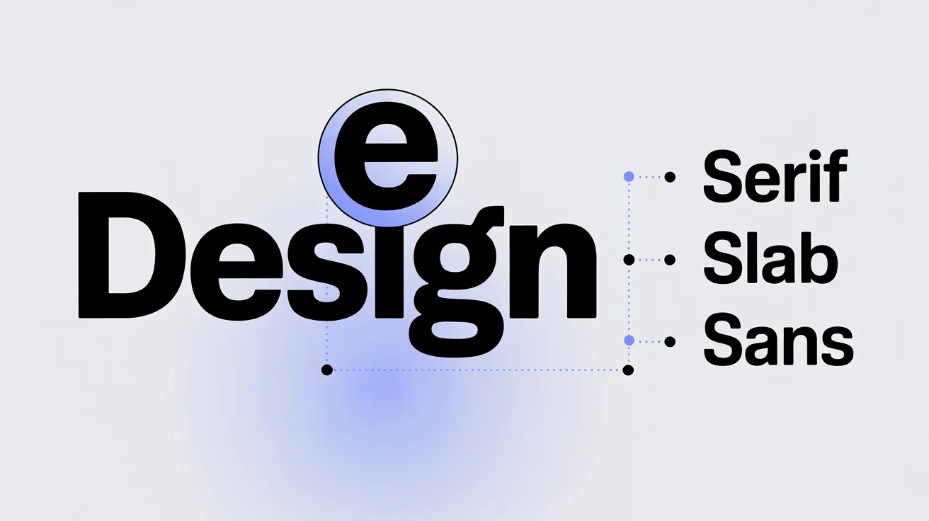 A conceptual graphic illustration of a typeface matcher. The word 'DESIGN' is shown in a large sans-serif font, with the letter 'E' magnified to show its characteristics. A list of font styles ('SERIF', 'SLAB', 'SANS') is displayed nearby, with a line indicating a match to 'SANS'.
