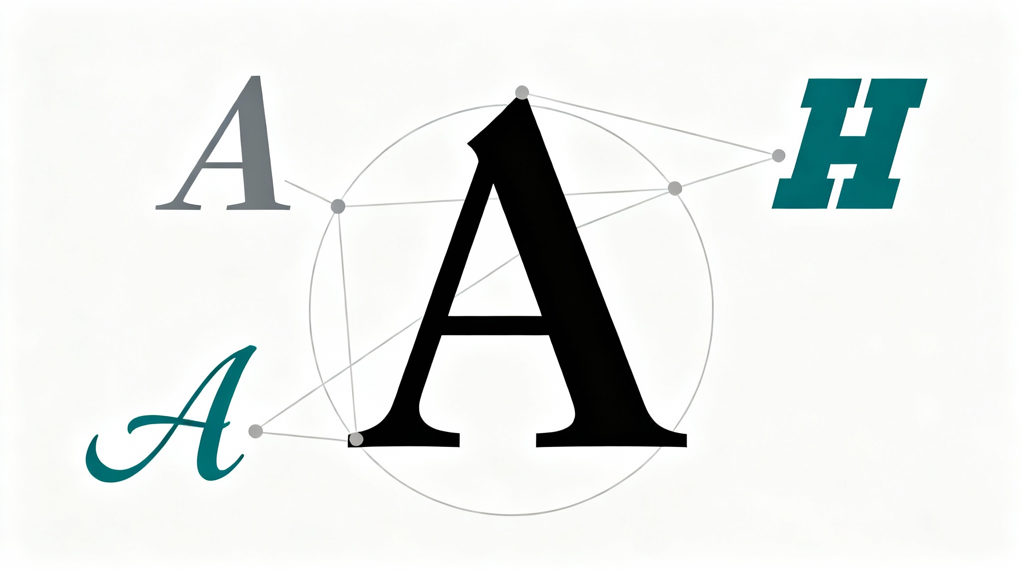 A conceptual image illustrating typeface matching, featuring a large serif letter 'A' in the center surrounded by the same letter in sans-serif, script, and slab-serif fonts on a white background.