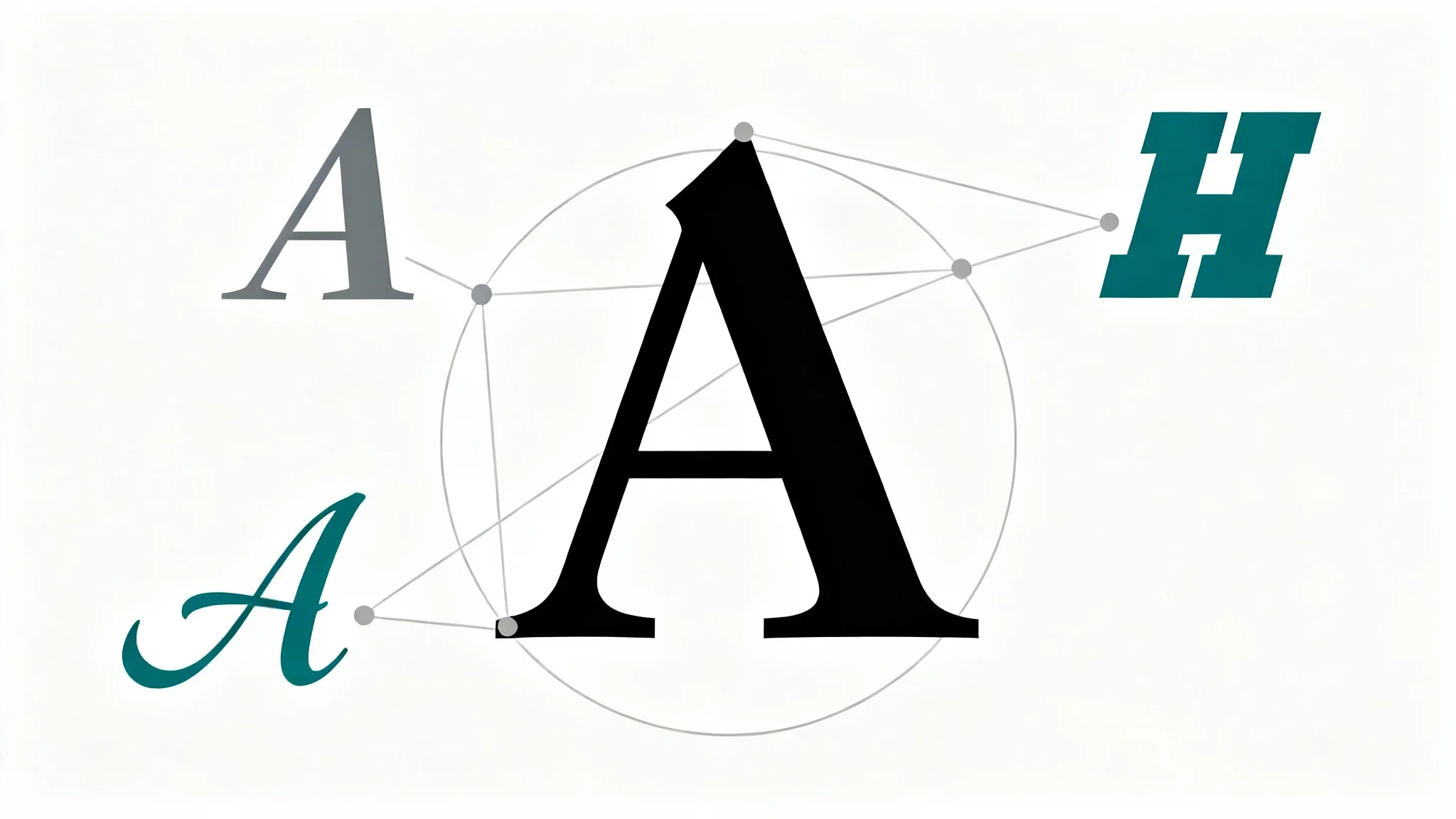 A conceptual image illustrating typeface matching, featuring a large serif letter 'A' in the center surrounded by the same letter in sans-serif, script, and slab-serif fonts on a white background.