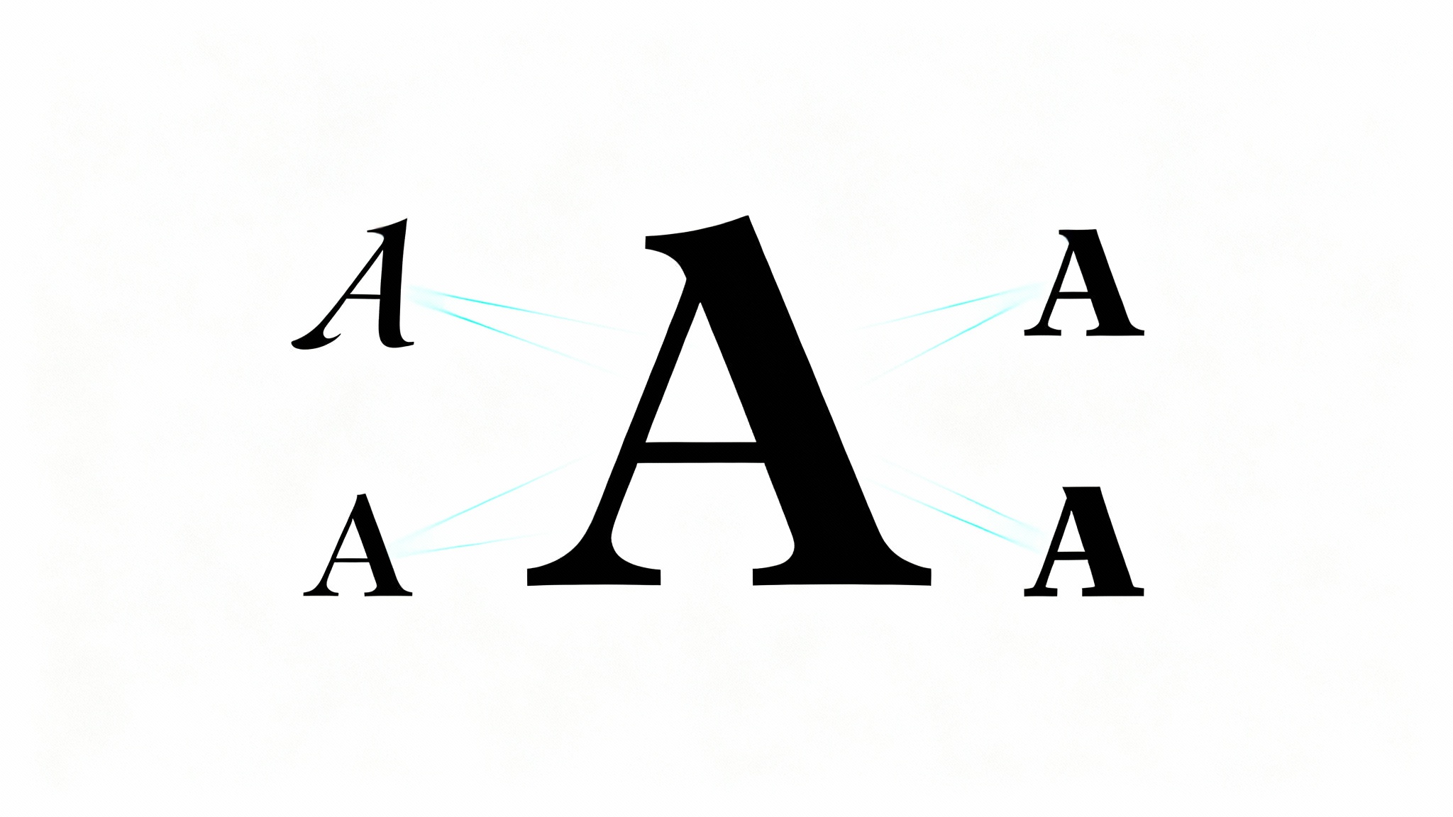 A central, large capital letter 'A' surrounded by smaller 'A's in various fonts, all on a white background, with glowing lines connecting them to illustrate a typeface matching concept.