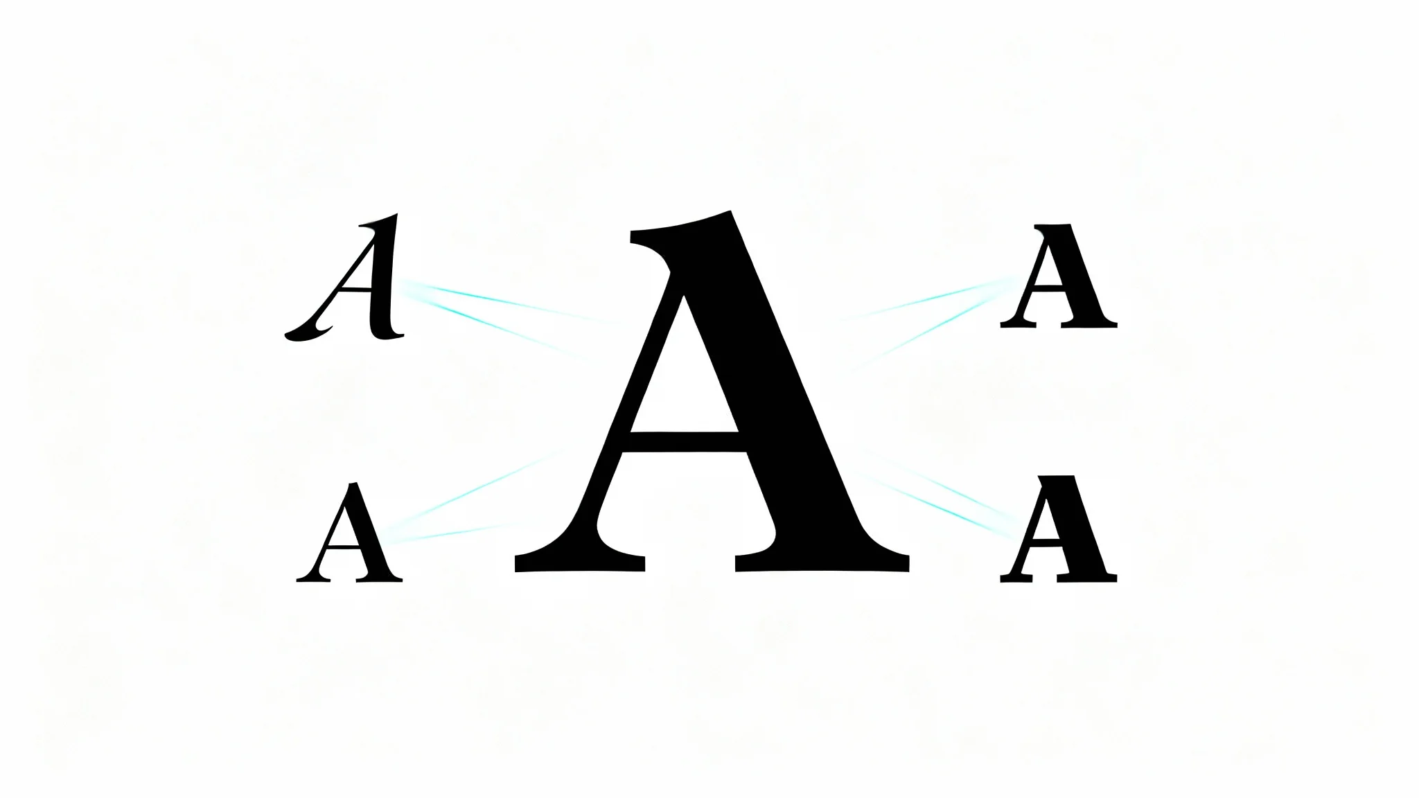A central, large capital letter 'A' surrounded by smaller 'A's in various fonts, all on a white background, with glowing lines connecting them to illustrate a typeface matching concept.
