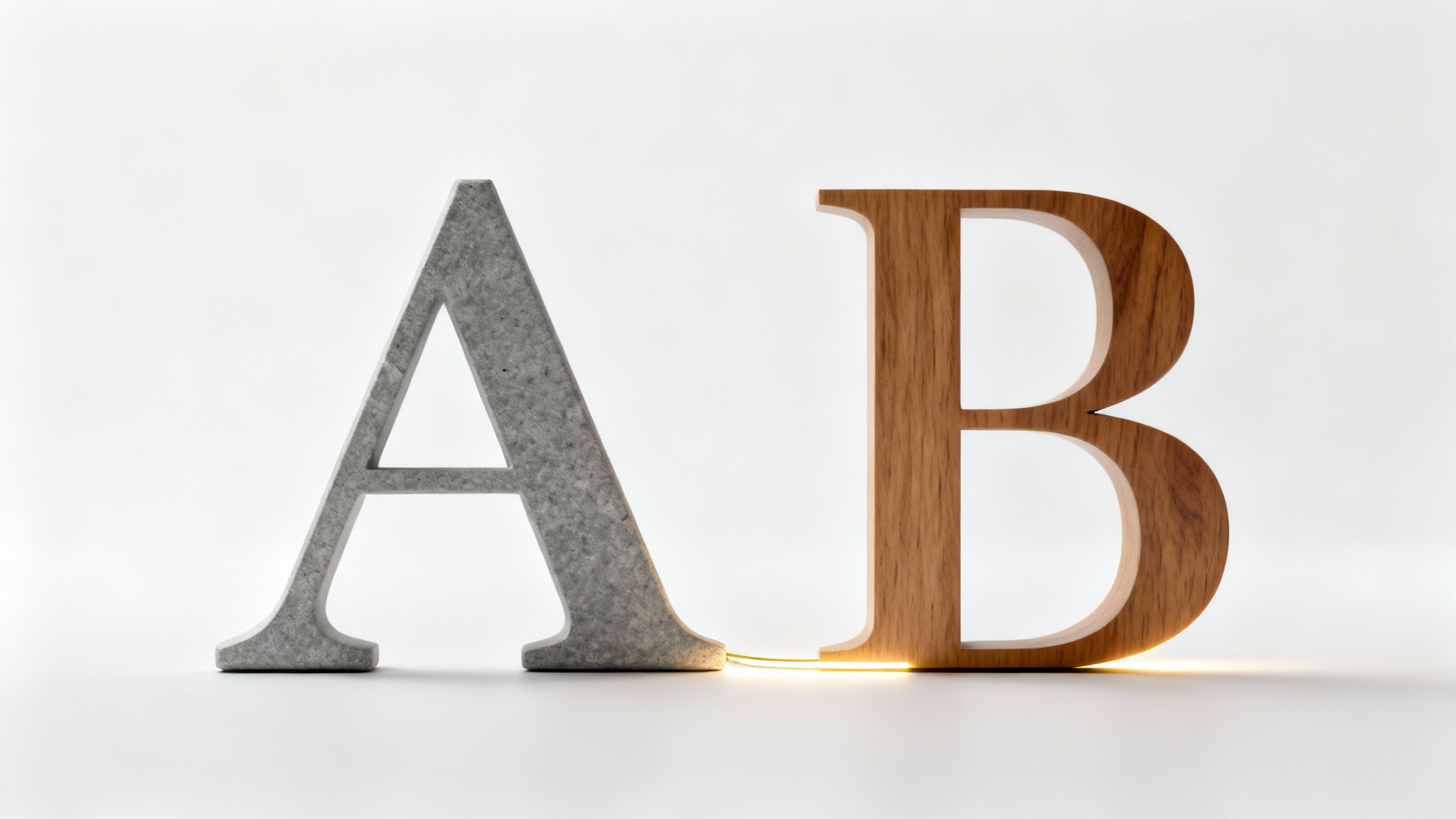 A conceptual image representing a typeface matcher, showing a stone serif 'A' and a wooden sans-serif 'B' connected by a glowing line on a clean white background.