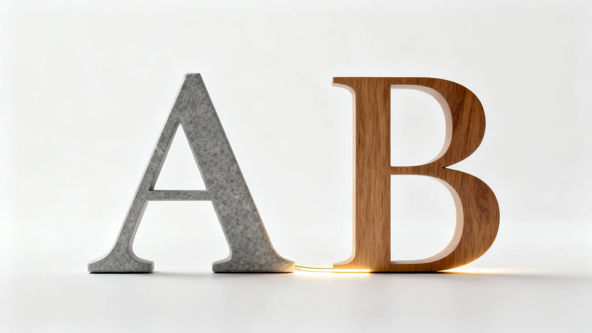A conceptual image representing a typeface matcher, showing a stone serif 'A' and a wooden sans-serif 'B' connected by a glowing line on a clean white background.