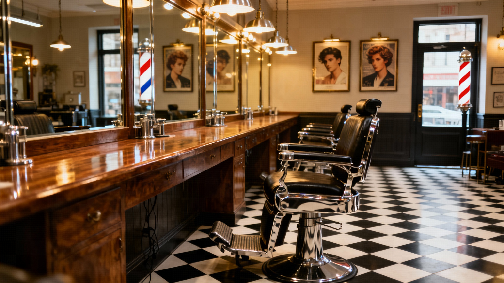 A wide-angle, professional photograph of a stylish and classic barbershop interior, showing leather chairs, large mirrors, and a black and white checkered floor. This serves as a polished background image.