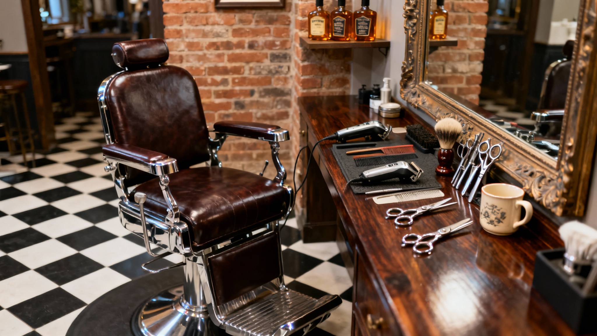 An empty vintage barber chair in a classic, upscale barber shop with tools neatly arranged on a wooden counter and warm lighting.
