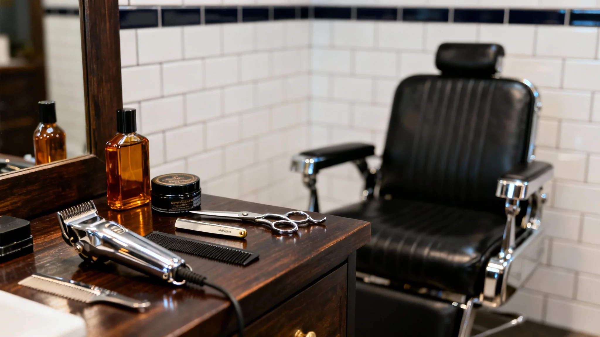A professional barber shop background featuring a neat wooden workstation with clippers, scissors, and grooming products set against a clean, white-tiled wall.
