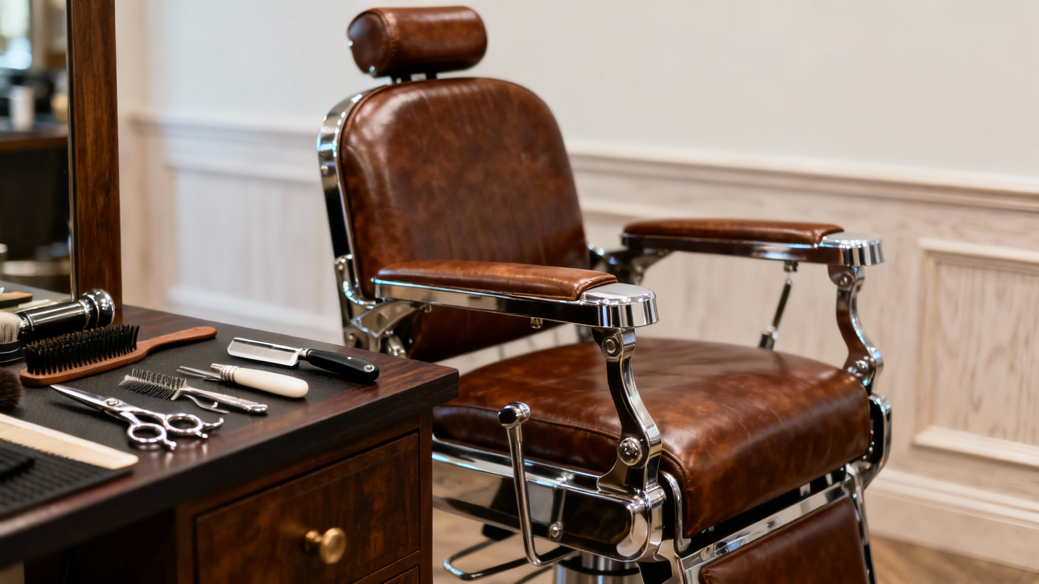 A photorealistic image of a modern and clean barber shop, focusing on an empty vintage leather barber chair and neatly arranged tools on a wooden counter.