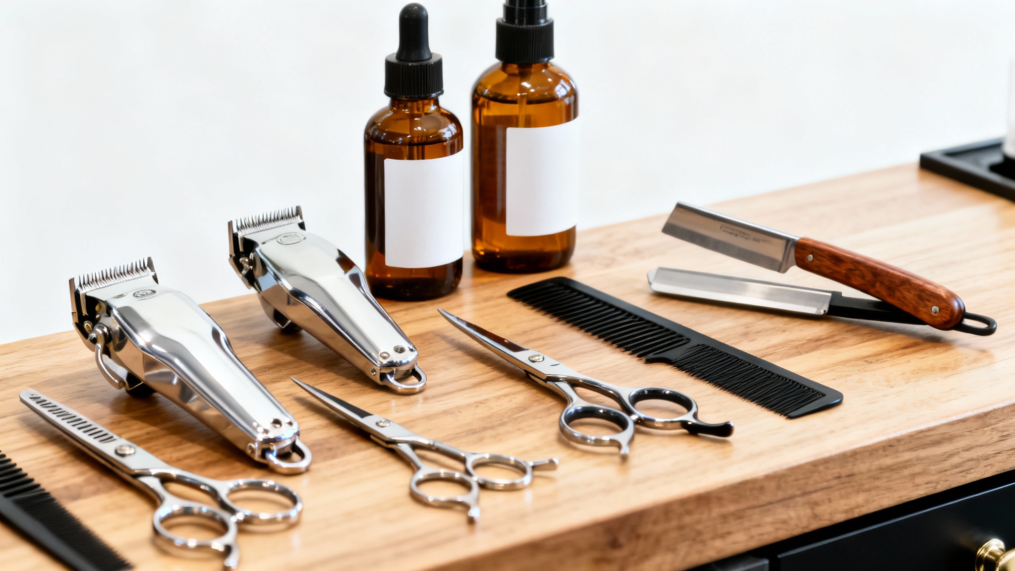 A clean, modern barber shop station with neatly arranged tools like clippers, scissors, and razors on a wooden surface against a white background.