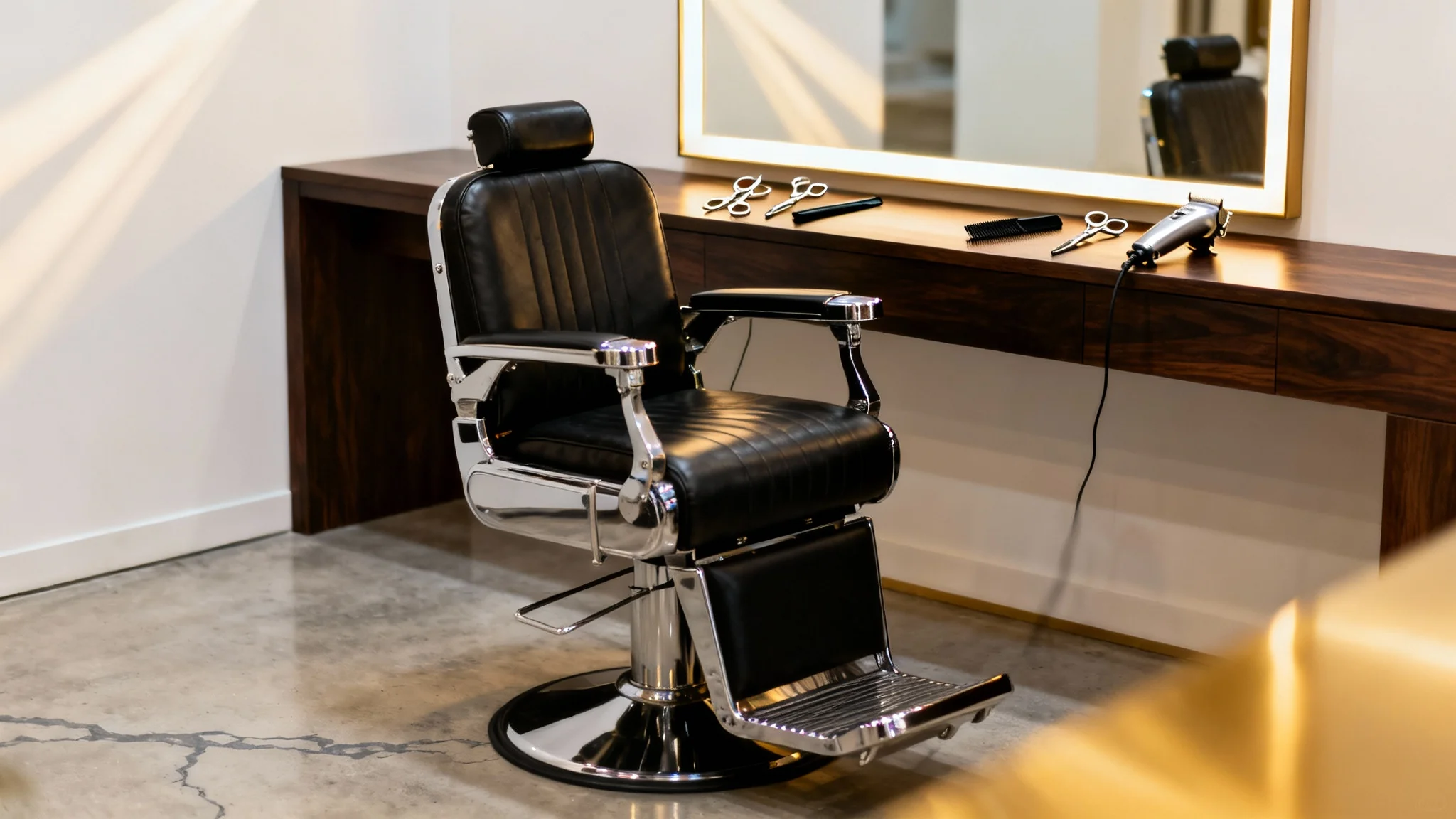 A close-up shot of a modern barber shop station, featuring a black leather and chrome chair with neatly organized professional tools on a dark wood counter.