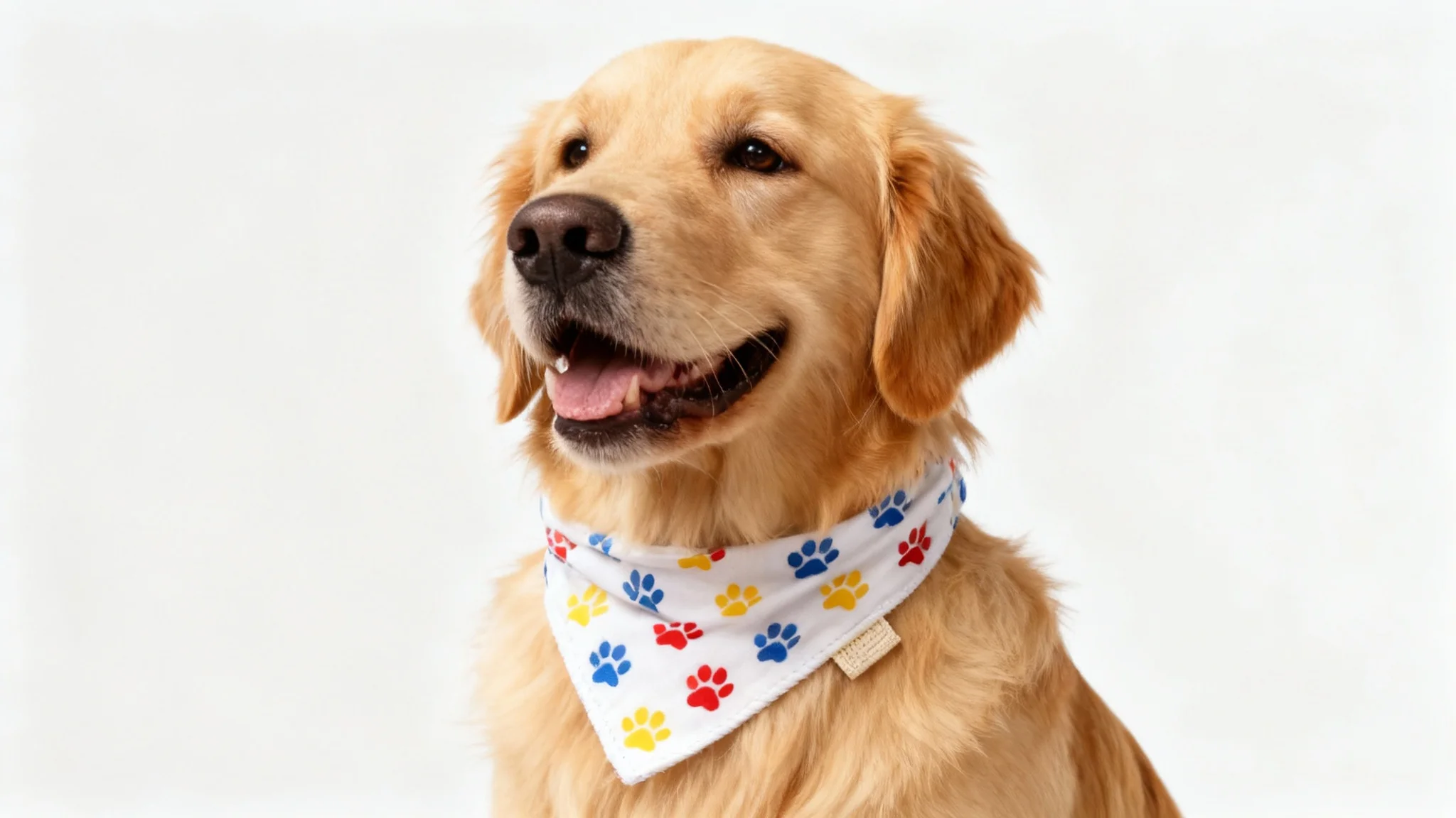 A professional product mockup photo of a happy Golden Retriever wearing a white bandana with a colorful paw print pattern, set against a clean studio background.