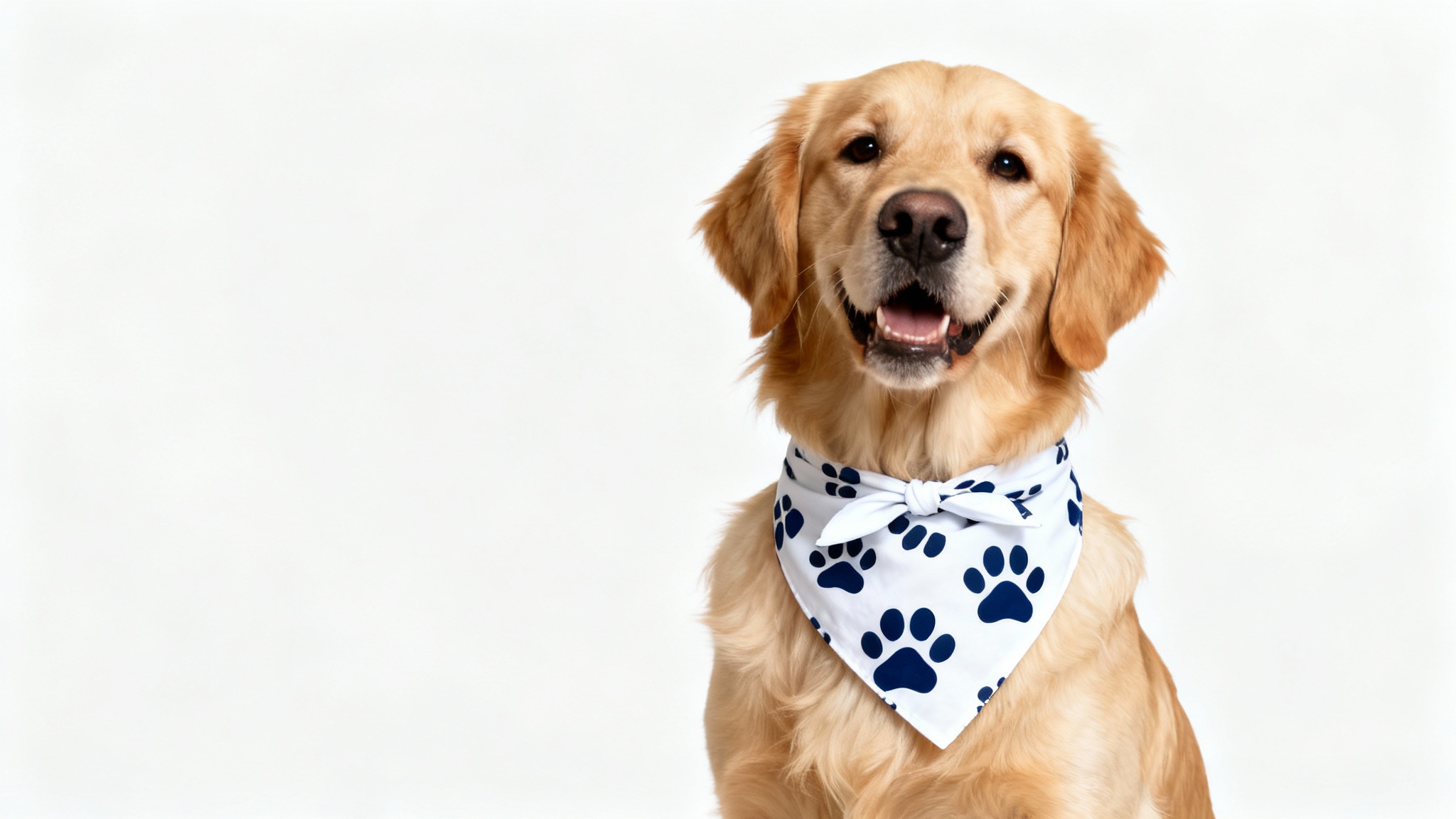 A happy Golden Retriever models a stylish white and navy blue bandana with a paw print pattern, presented as a product mockup against a clean white background.