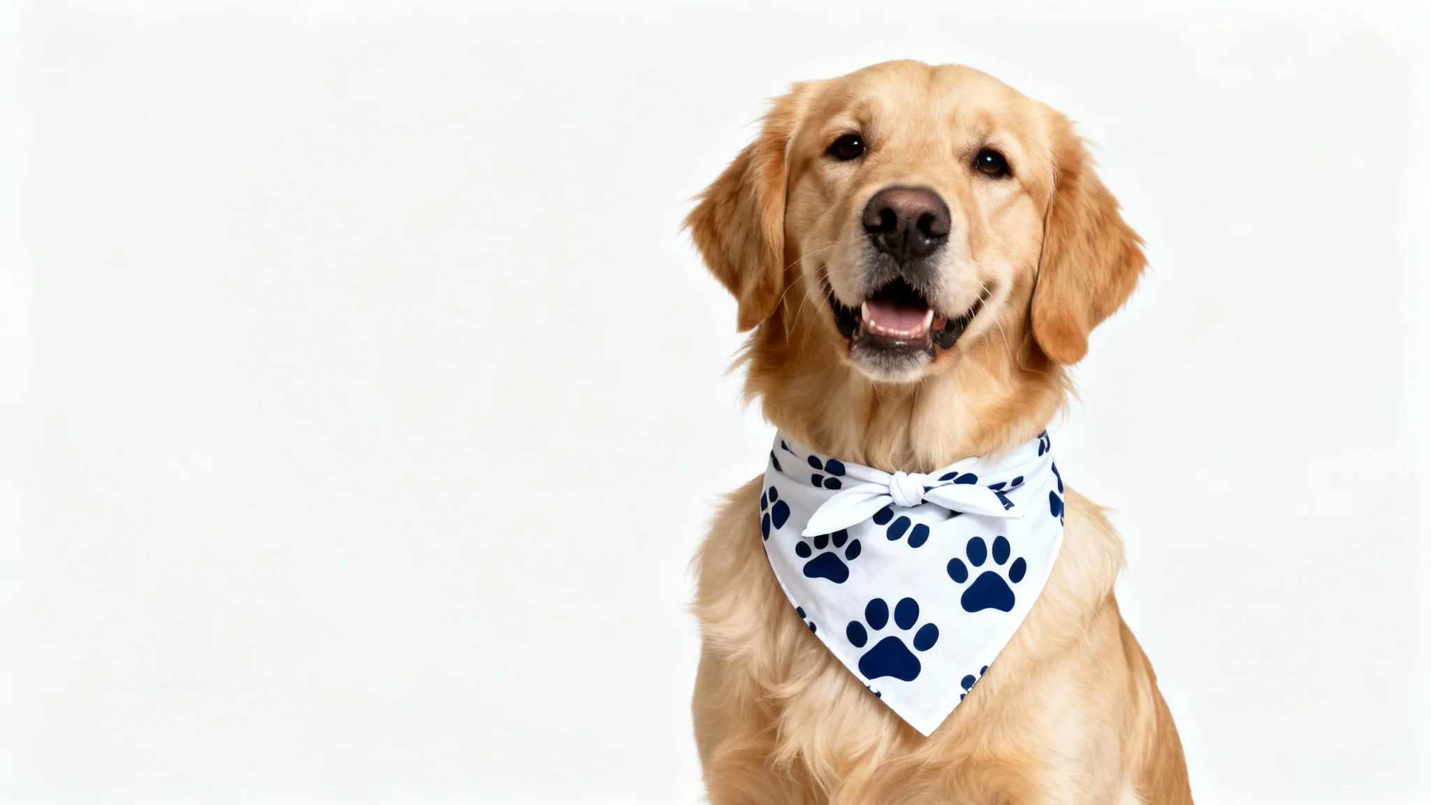 A happy Golden Retriever models a stylish white and navy blue bandana with a paw print pattern, presented as a product mockup against a clean white background.