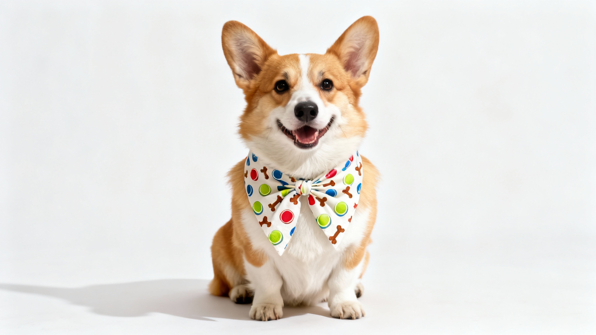 A happy Corgi sitting and facing forward, modeling a custom-designed dog bandana with a pattern of tennis balls and bones, against a solid white background.